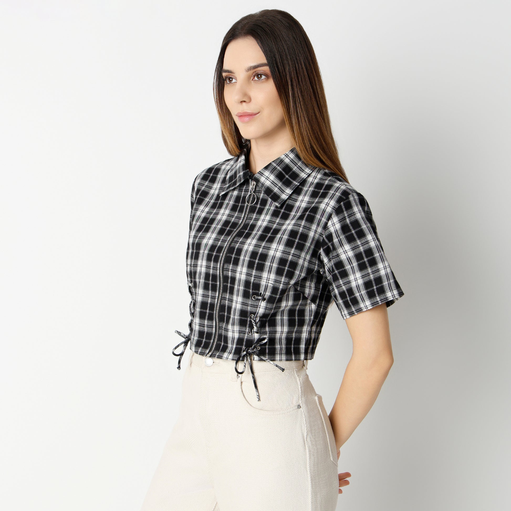Boxy Fit Checkered Cropped Shirt
