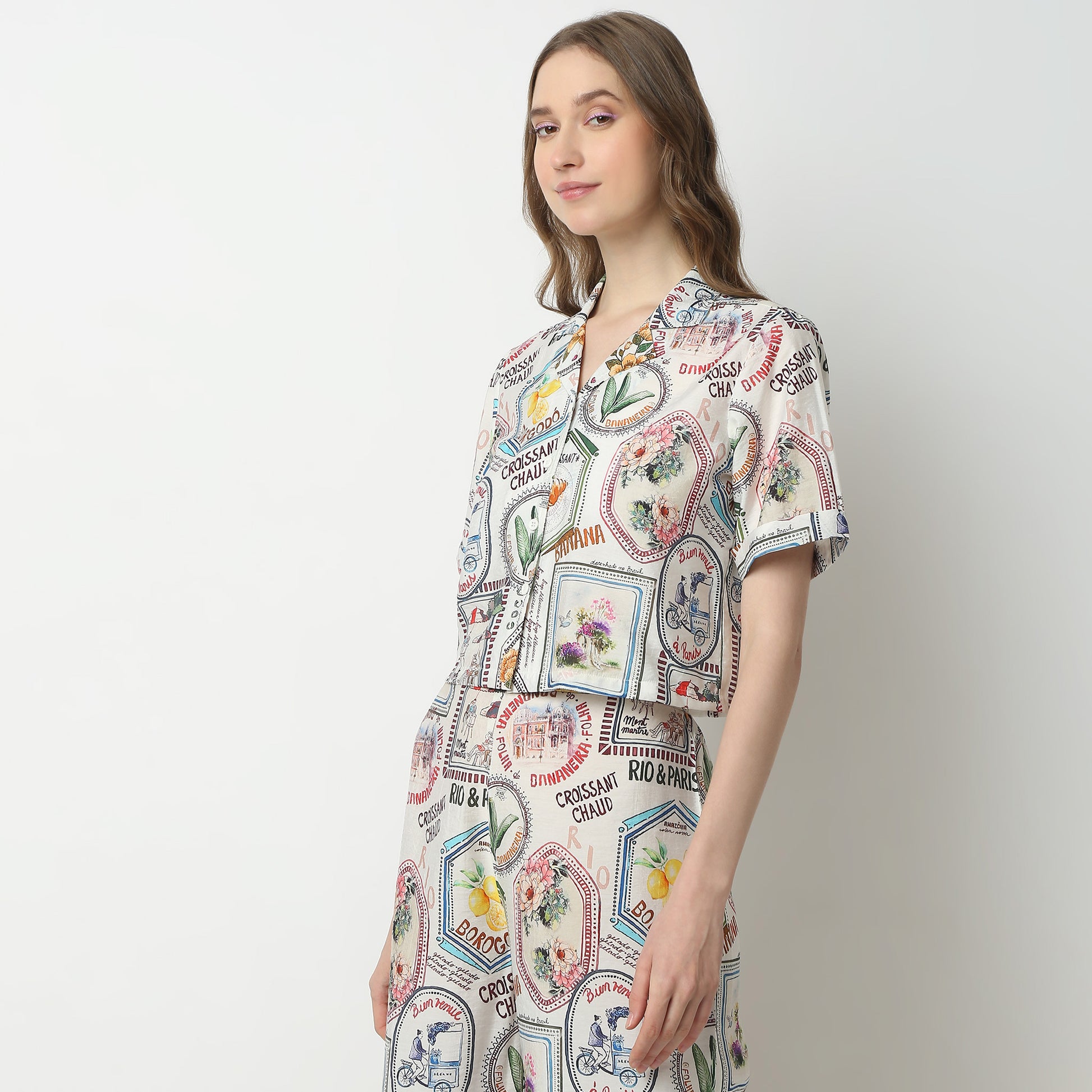 Regular Fit Geometric Lapel Collar Shirt