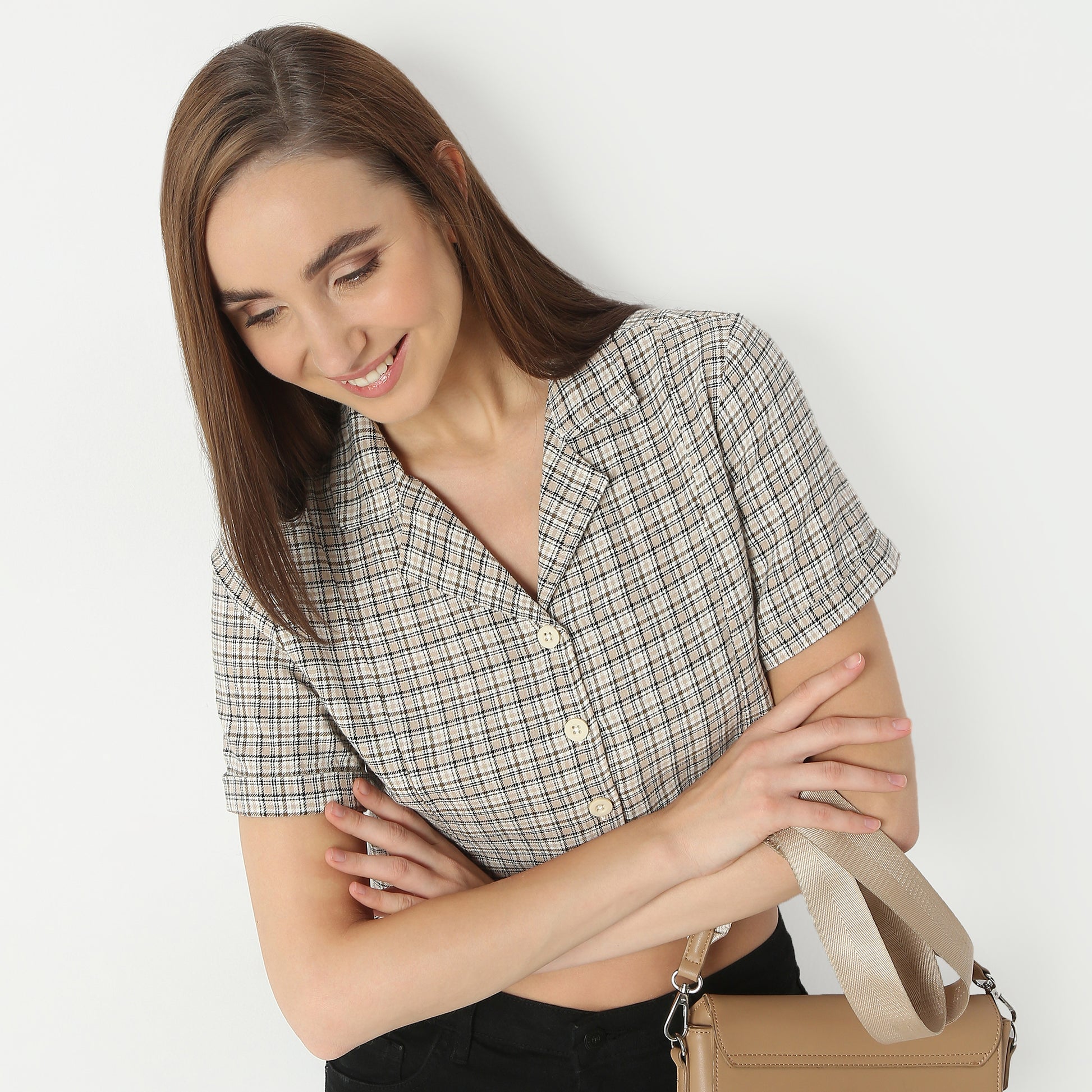 Regular Fit Checkered Lapel Collar Cropped Shirt