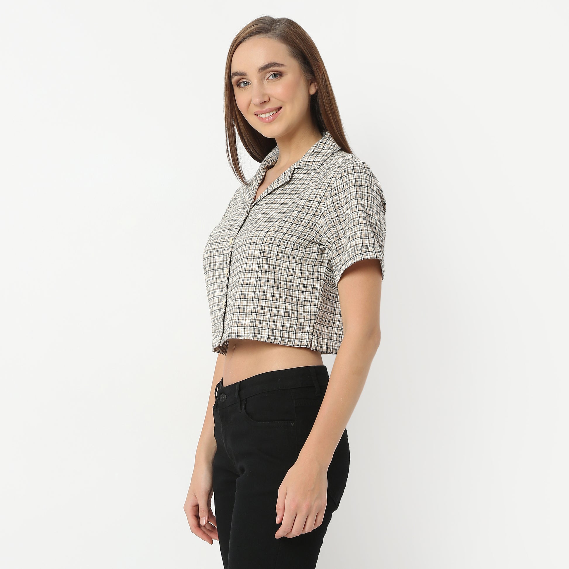 Regular Fit Checkered Lapel Collar Cropped Shirt