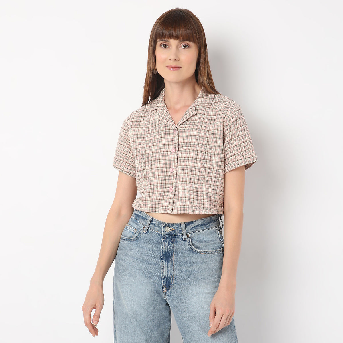 Regular Fit Checkered Lapel Collar Cropped Shirt