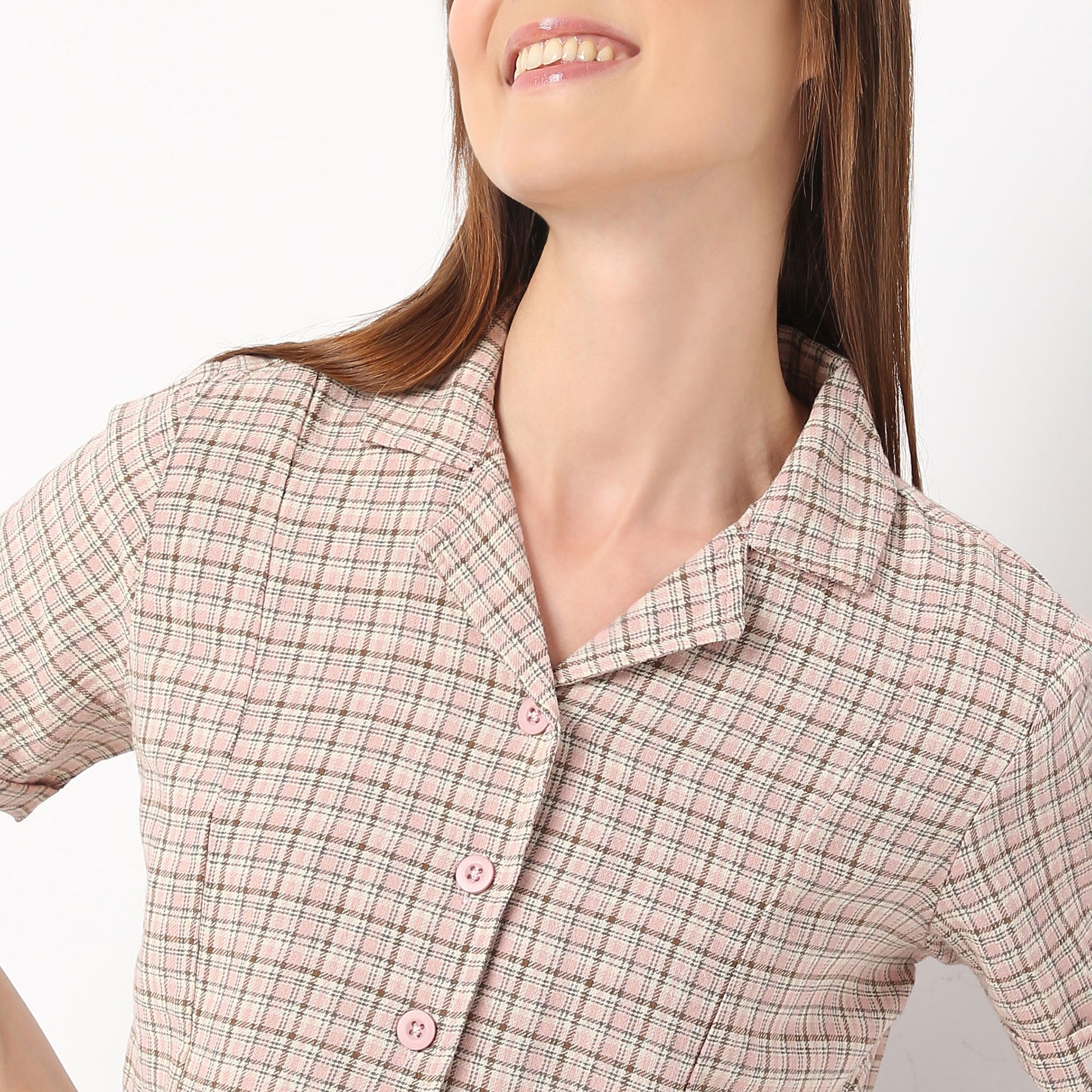 Regular Fit Checkered Lapel Collar Cropped Shirt