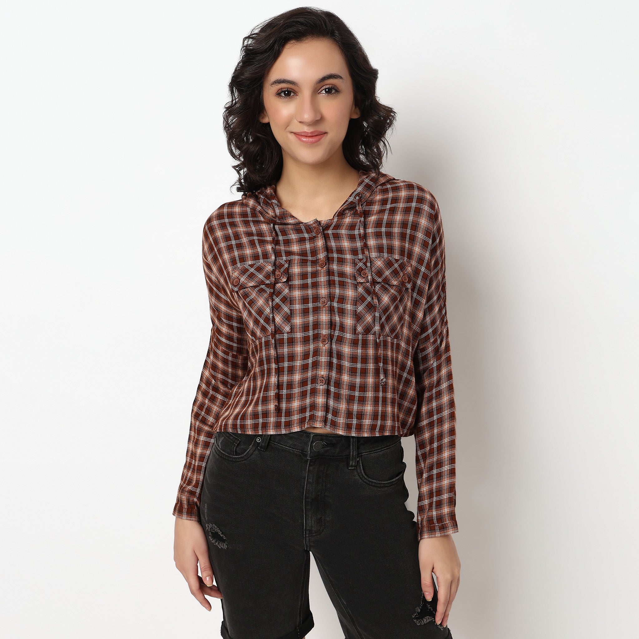 Checkered Hoodie Style Cropped Betty Shirt