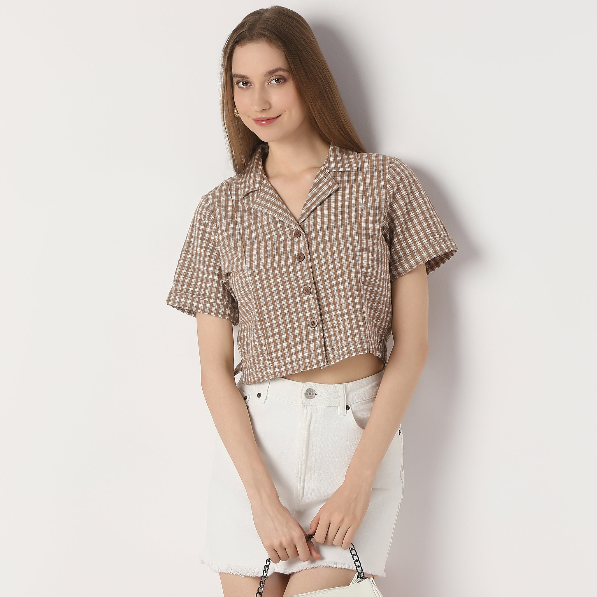 Regular Fit Checkered Cropped Shirt
