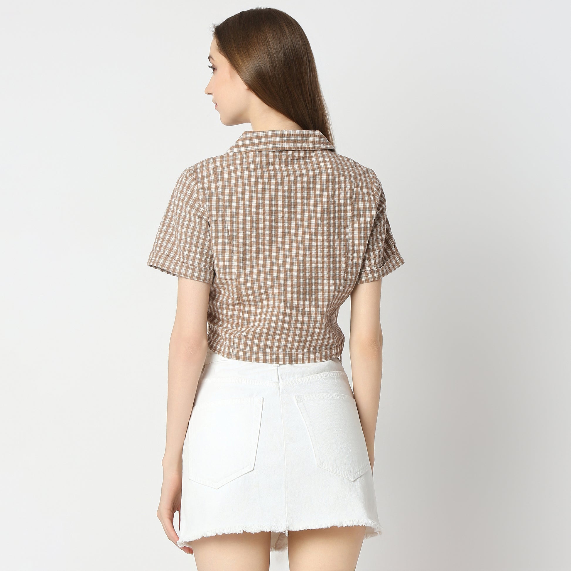 Regular Fit Checkered Cropped Shirt