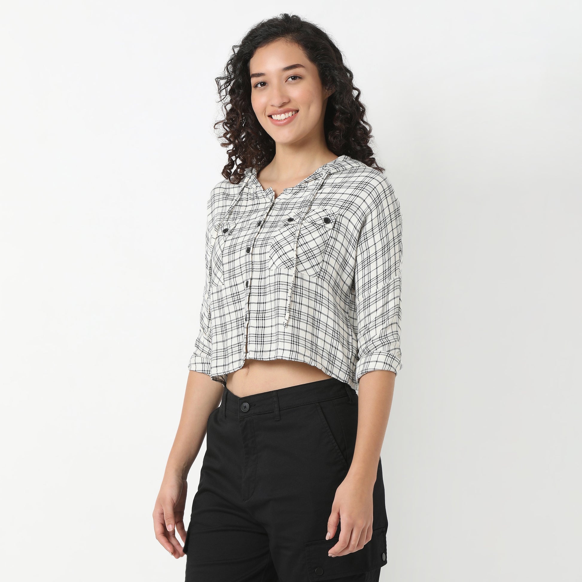 Betty Checkered Hoodie Style Cropped Shirt