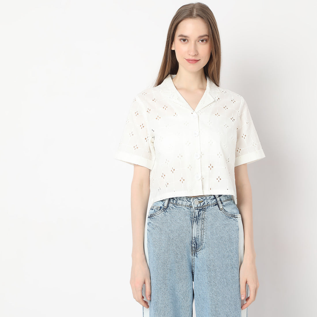 All Over Schffli Shirt Made With Comfortable Fabric Lapel Collar Shirt