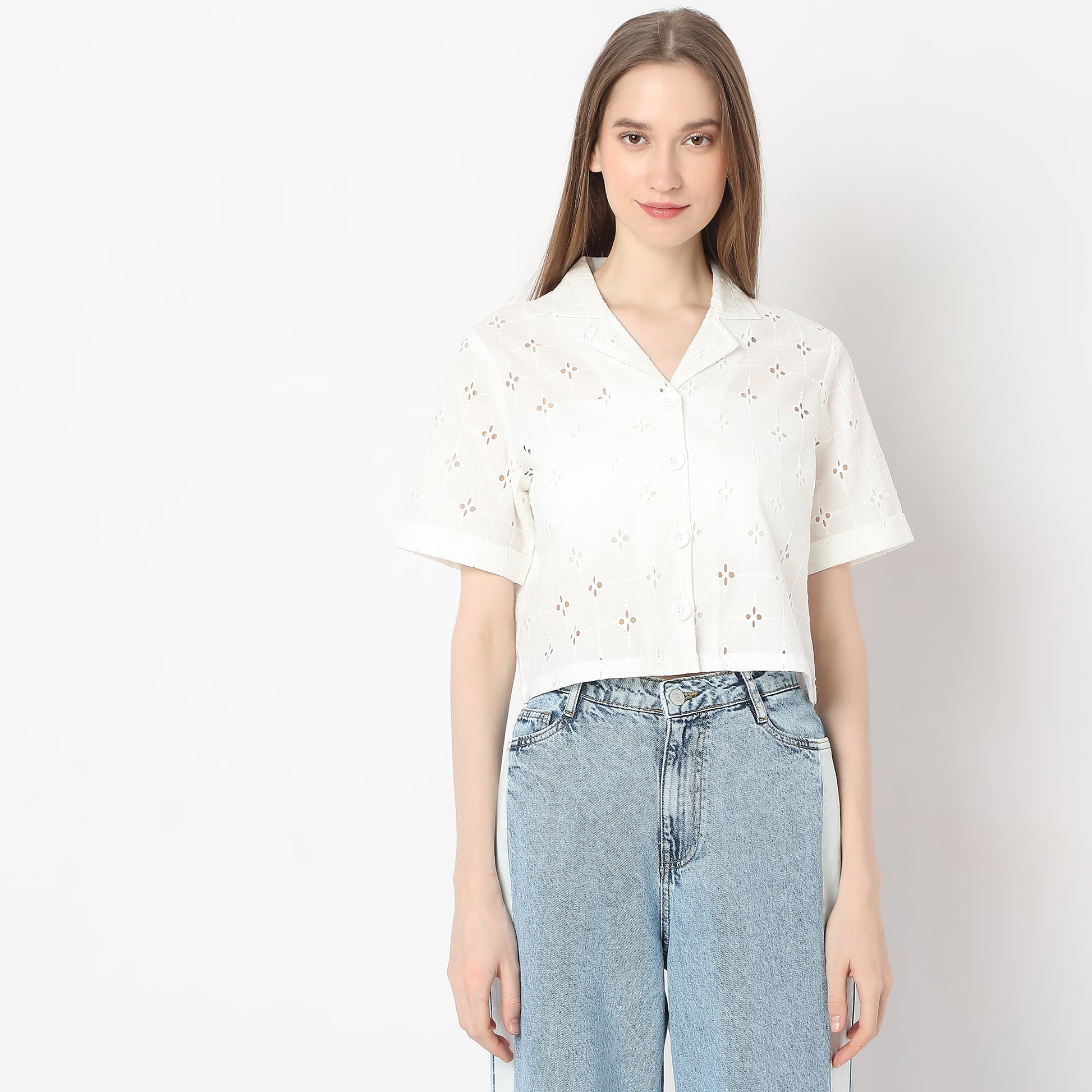 All Over Schffli Shirt Made With Comfortable Fabric Lapel Collar Shirt