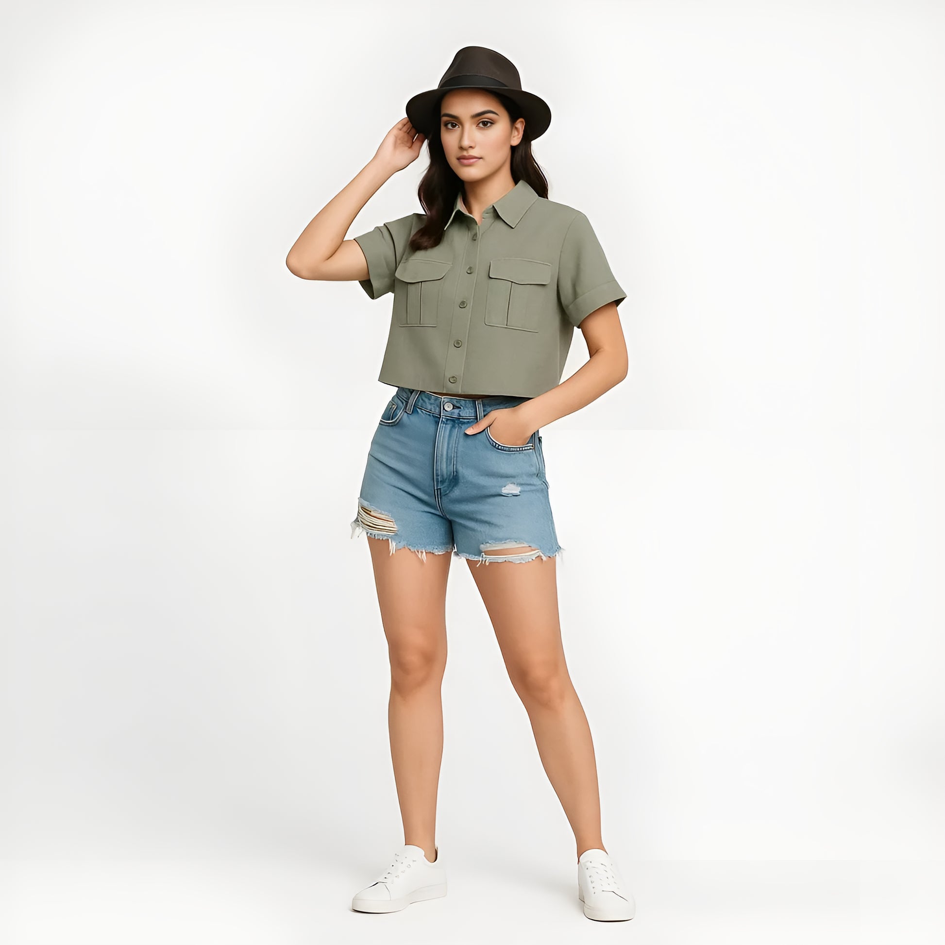 Buy Boxy Fit Crop Shirt With Patch Pockets Detailing - Style Union