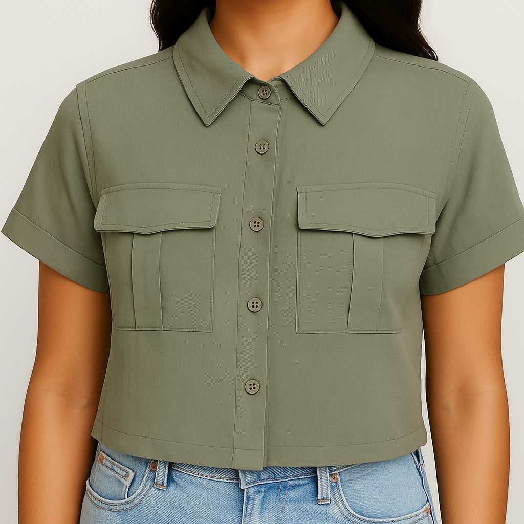 Buy Boxy Fit Crop Shirt With Patch Pockets Detailing - Style Union