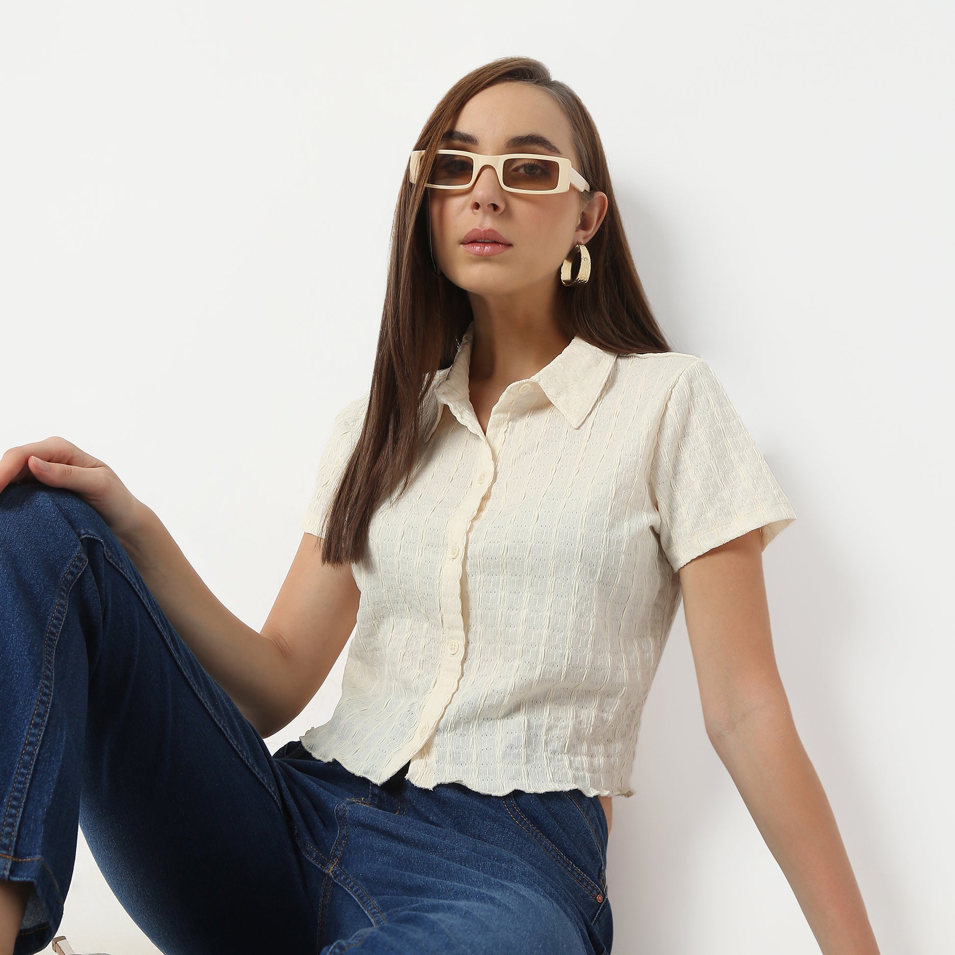 Regular Fit Structured Shirt Collar Cropped Shirt