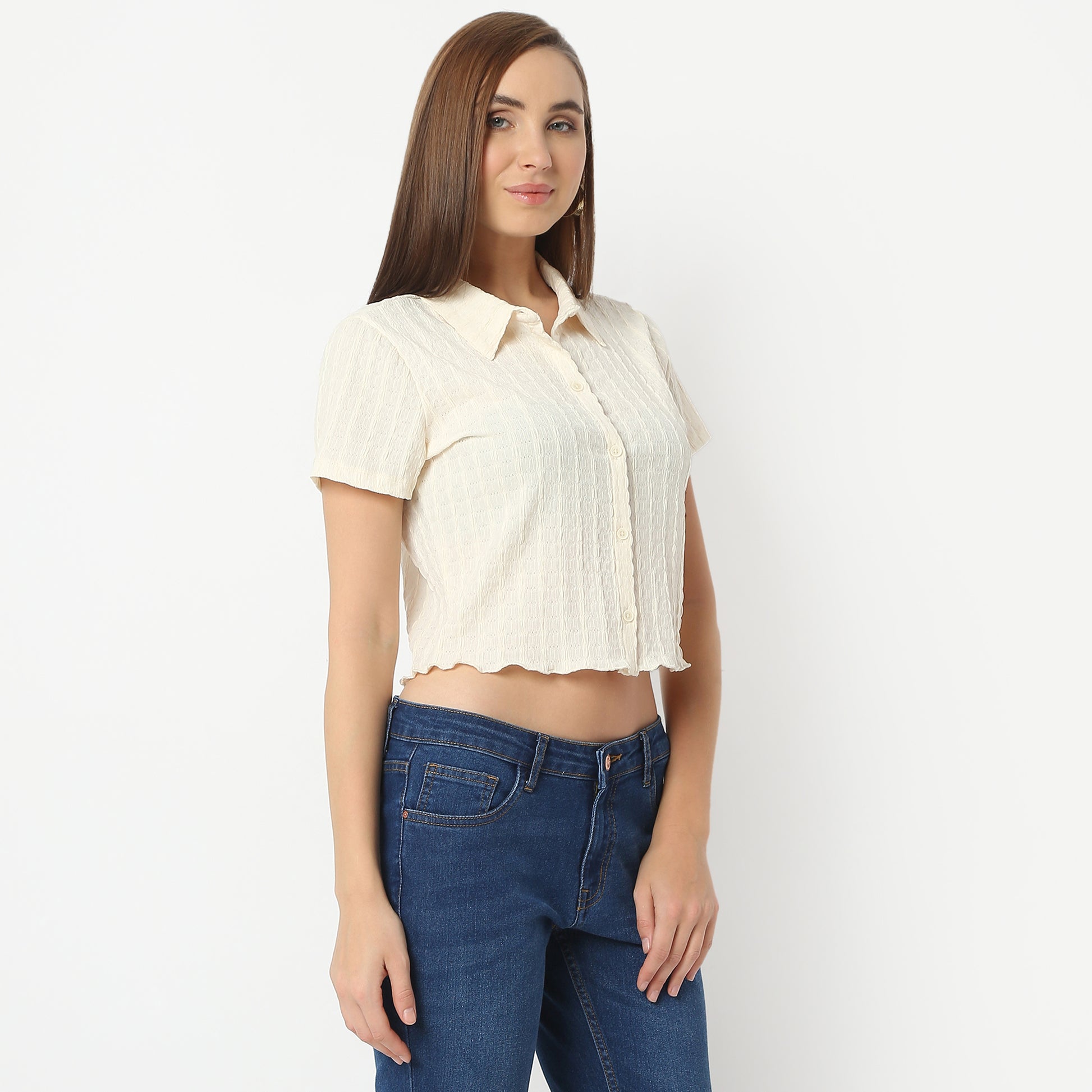 Regular Fit Structured Shirt Collar Cropped Shirt