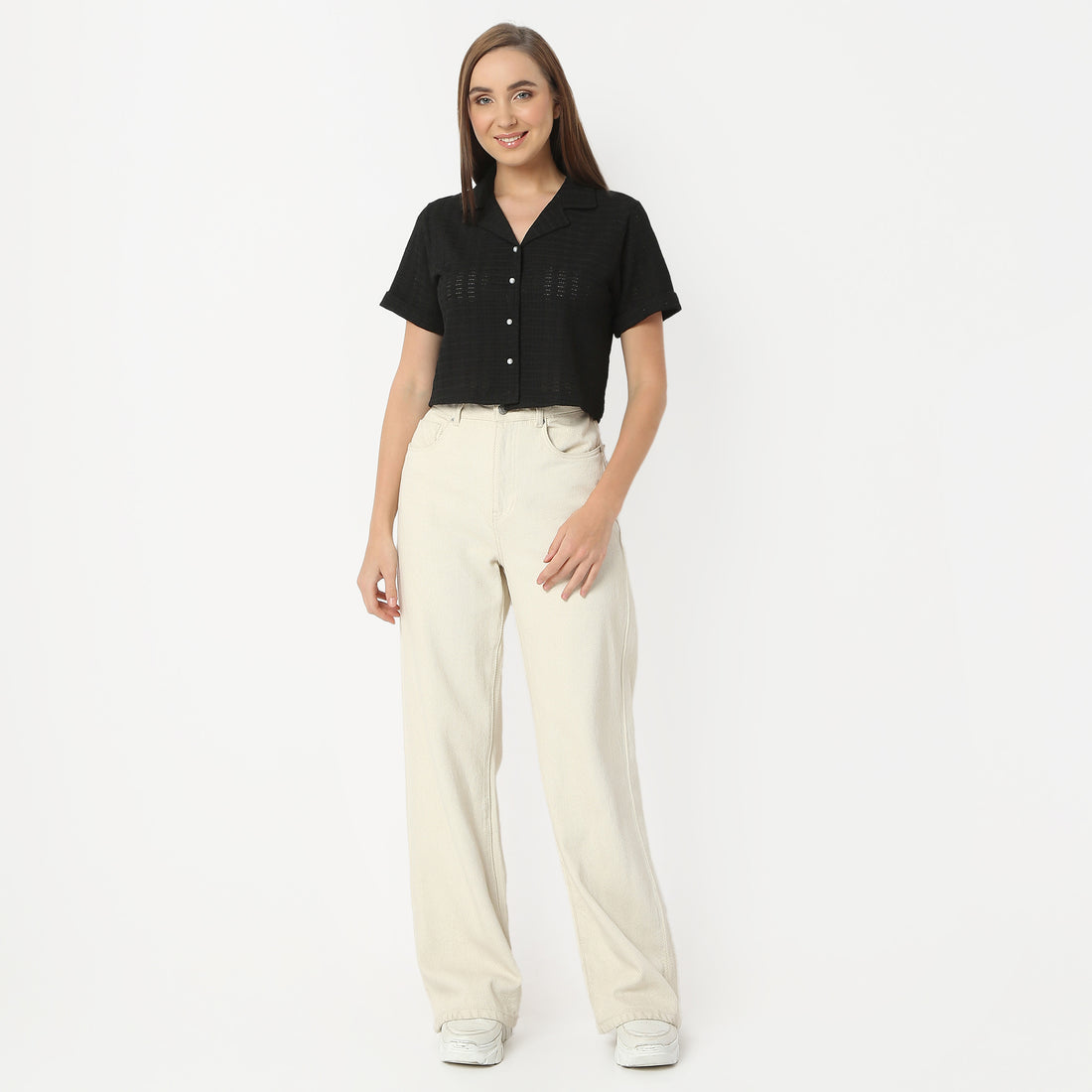 Regular Fit Solid Lapel Collar Cropped Shirt