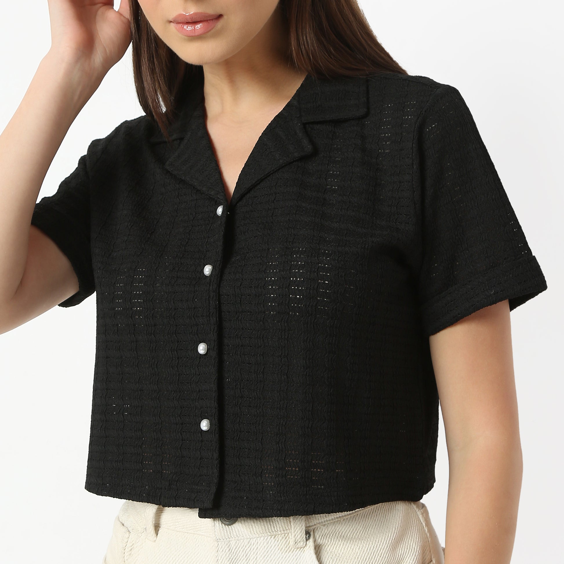 Regular Fit Solid Lapel Collar Cropped Shirt