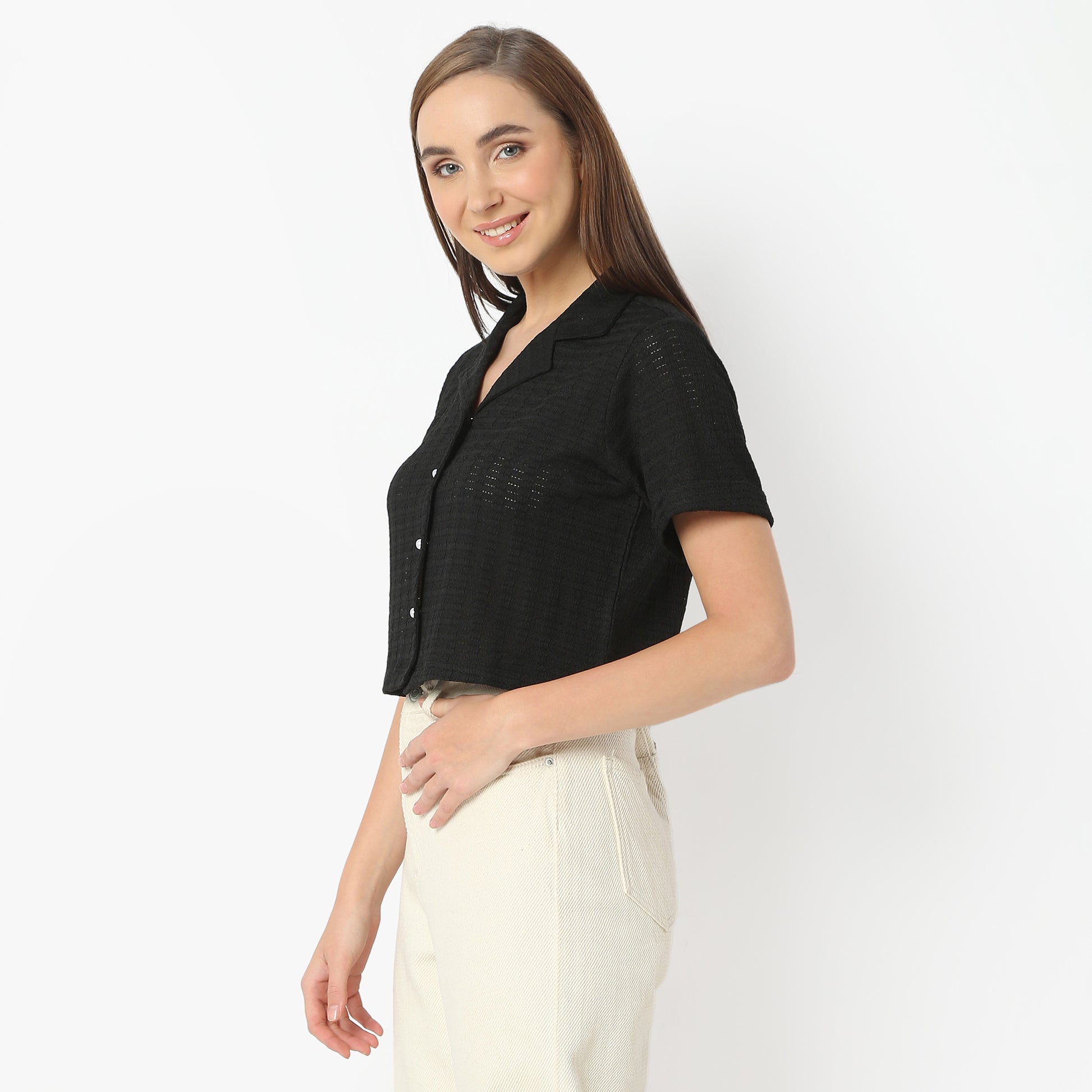 Regular Fit Solid Lapel Collar Cropped Shirt