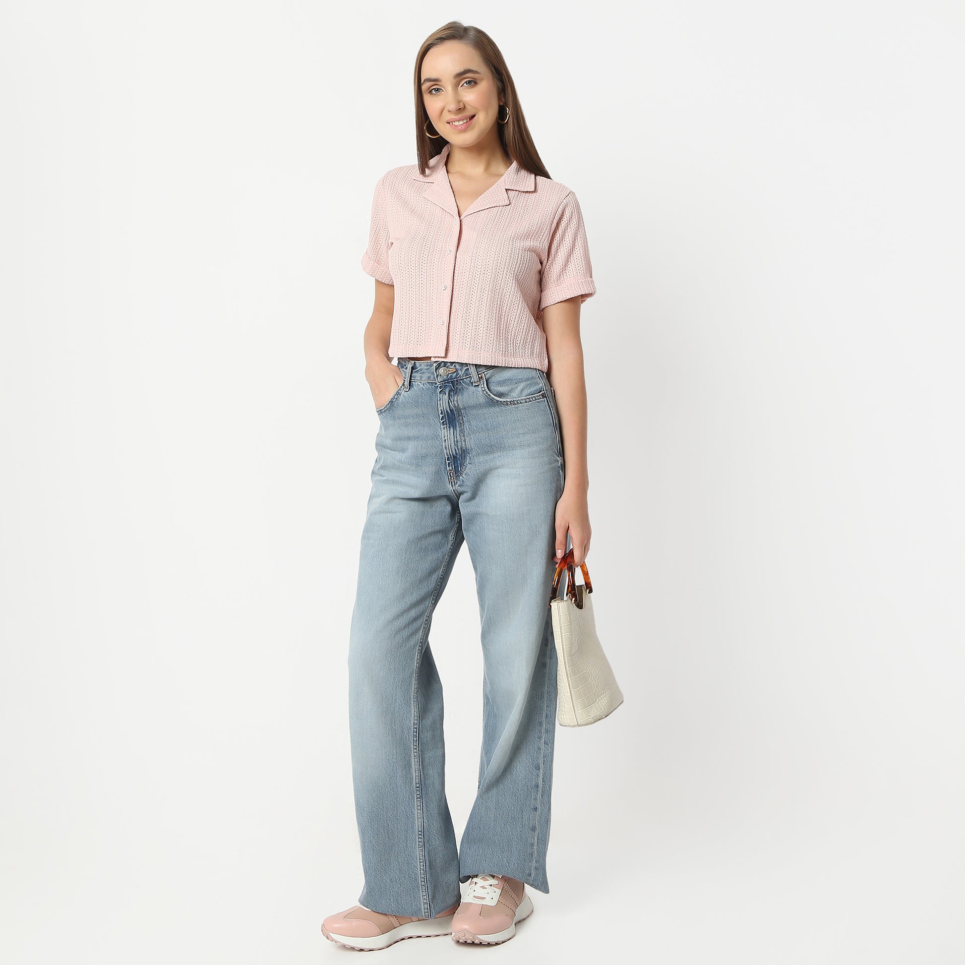 Regular Fit Solid Lapel Collar Cropped Shirt