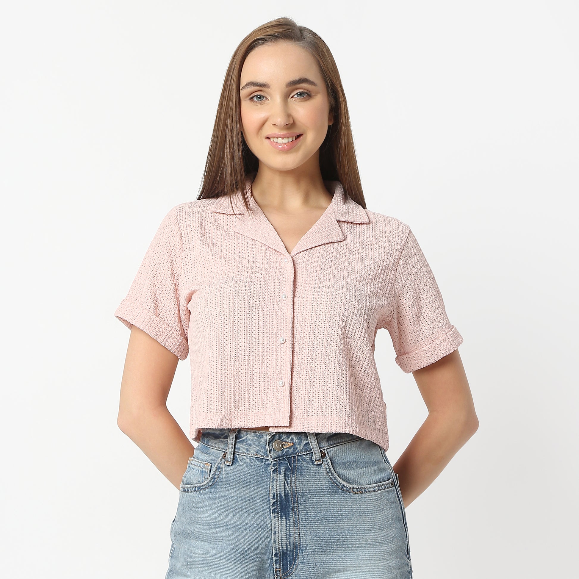 Regular Fit Solid Lapel Collar Cropped Shirt