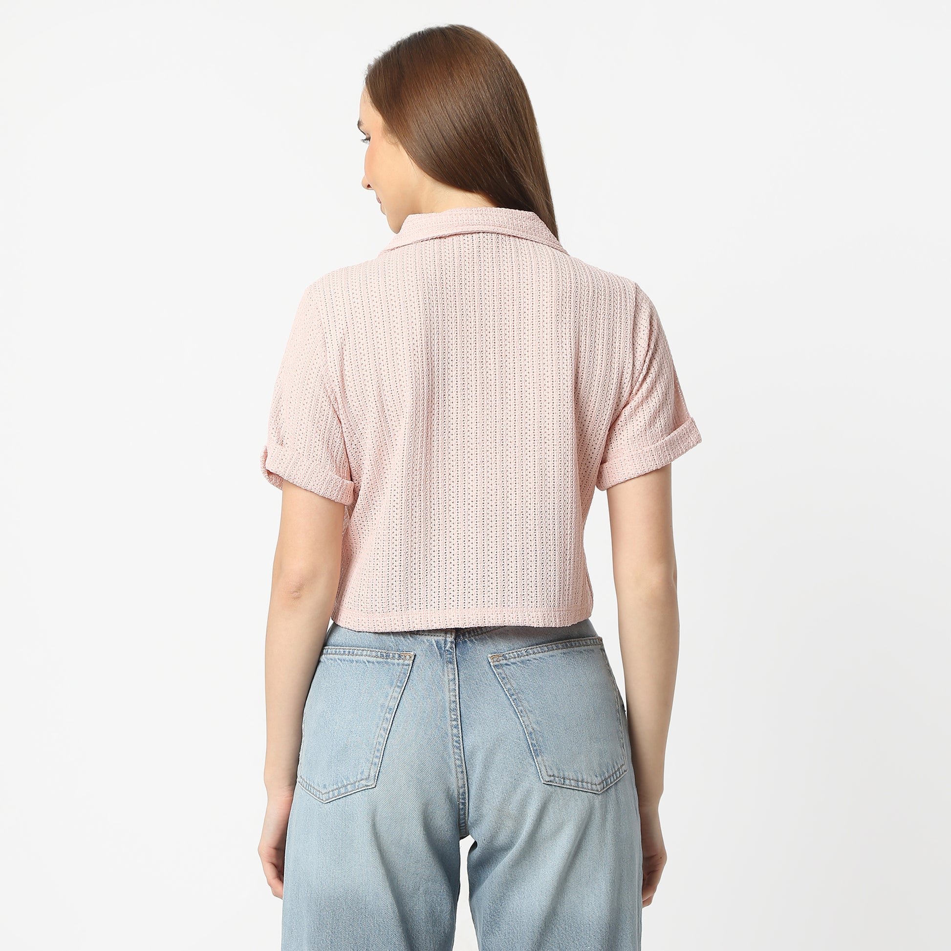 Regular Fit Solid Lapel Collar Cropped Shirt