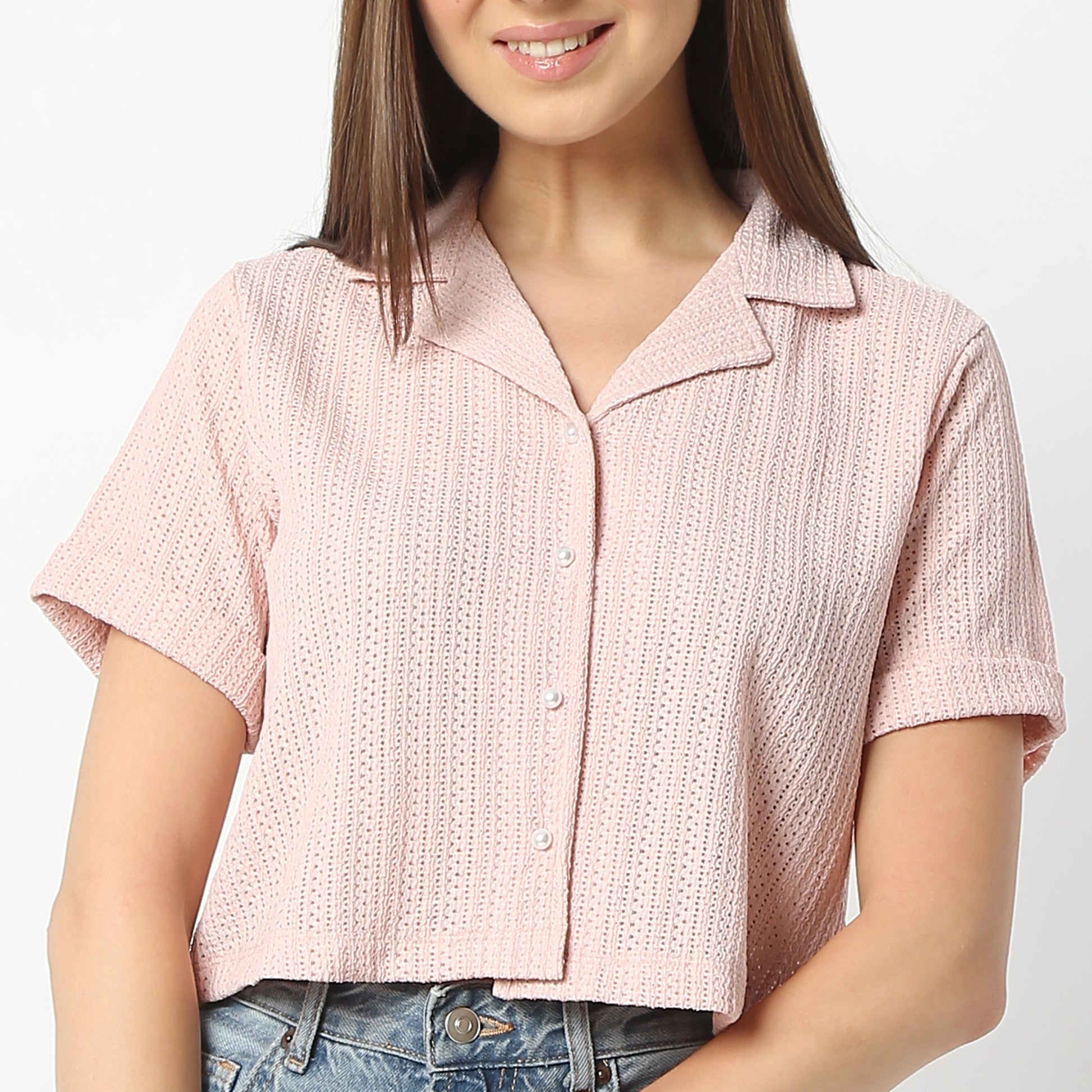 Regular Fit Solid Lapel Collar Cropped Shirt