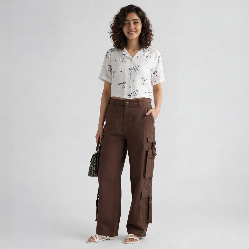 Crop Shirt With Bow Print Detail