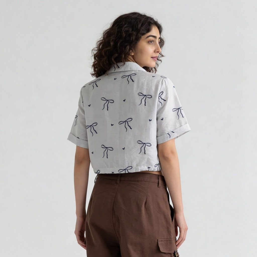 Crop Shirt With Bow Print Detail