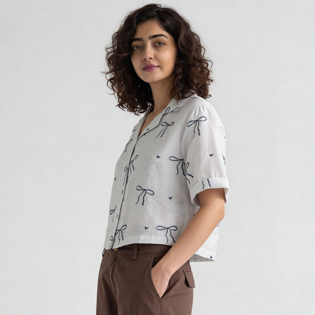 Crop Shirt With Bow Print Detail