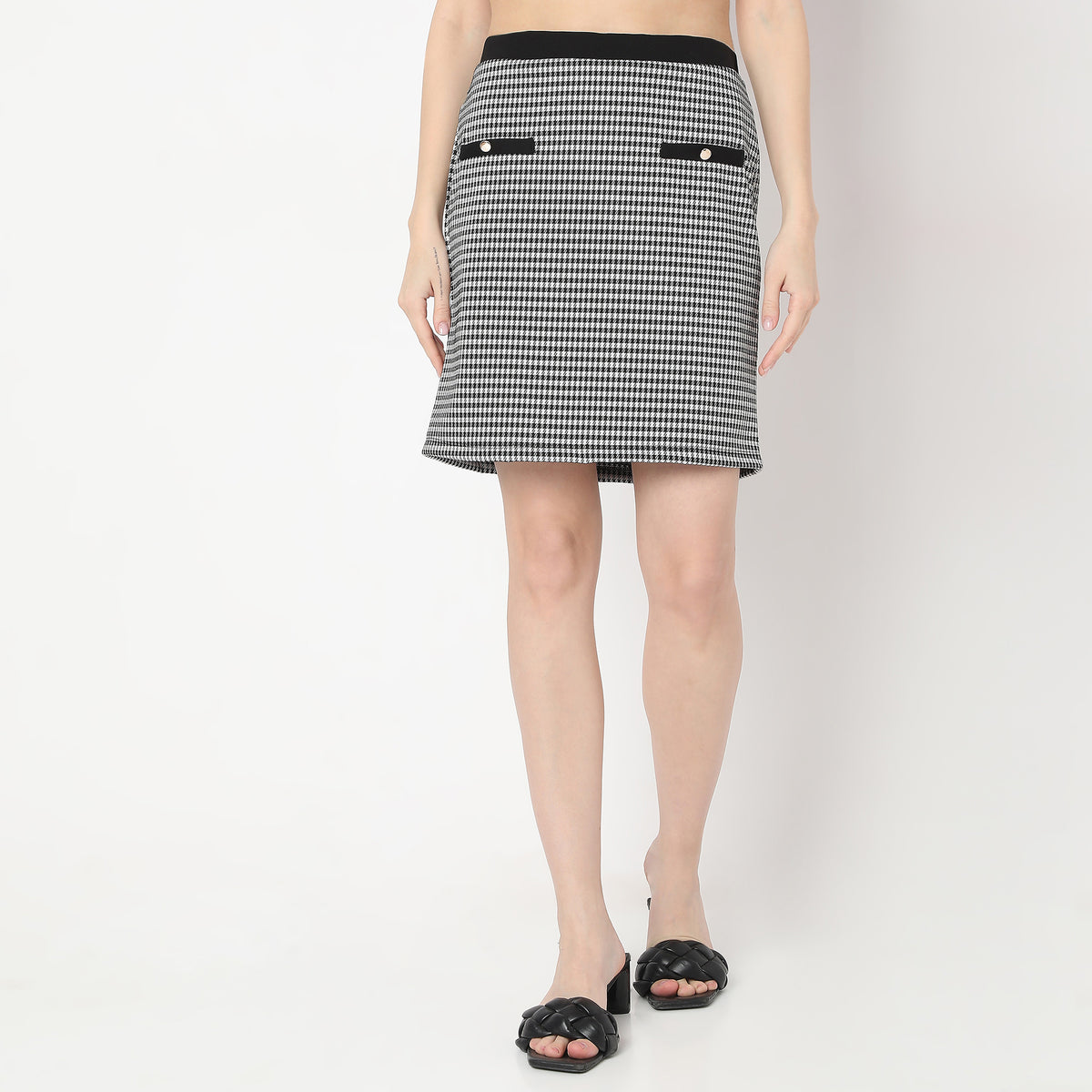 Houndstooth Checkered Above Knee Front Pockets with Button Mini Skirt