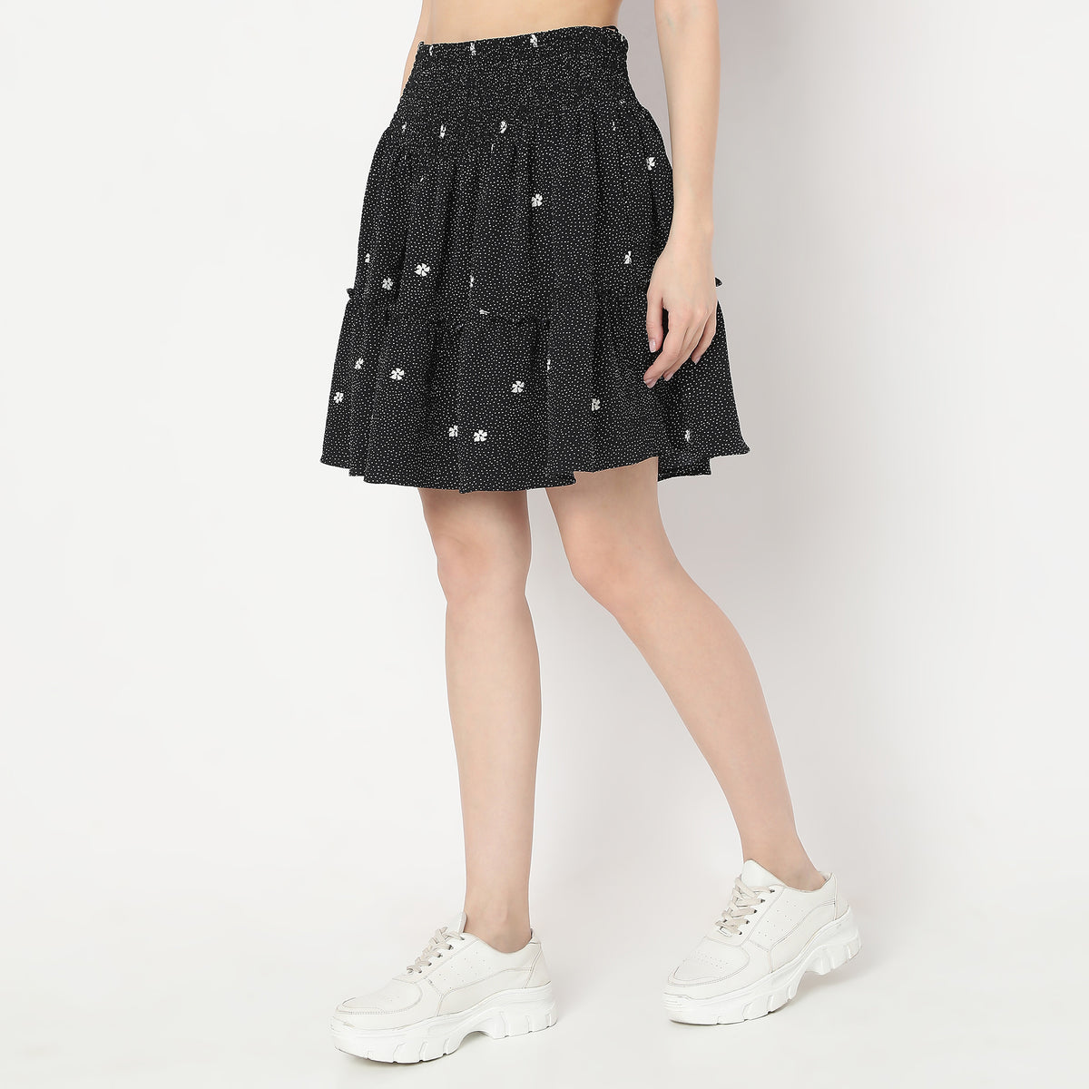 Flare Fit Printed Above Knee Tiered Skirt