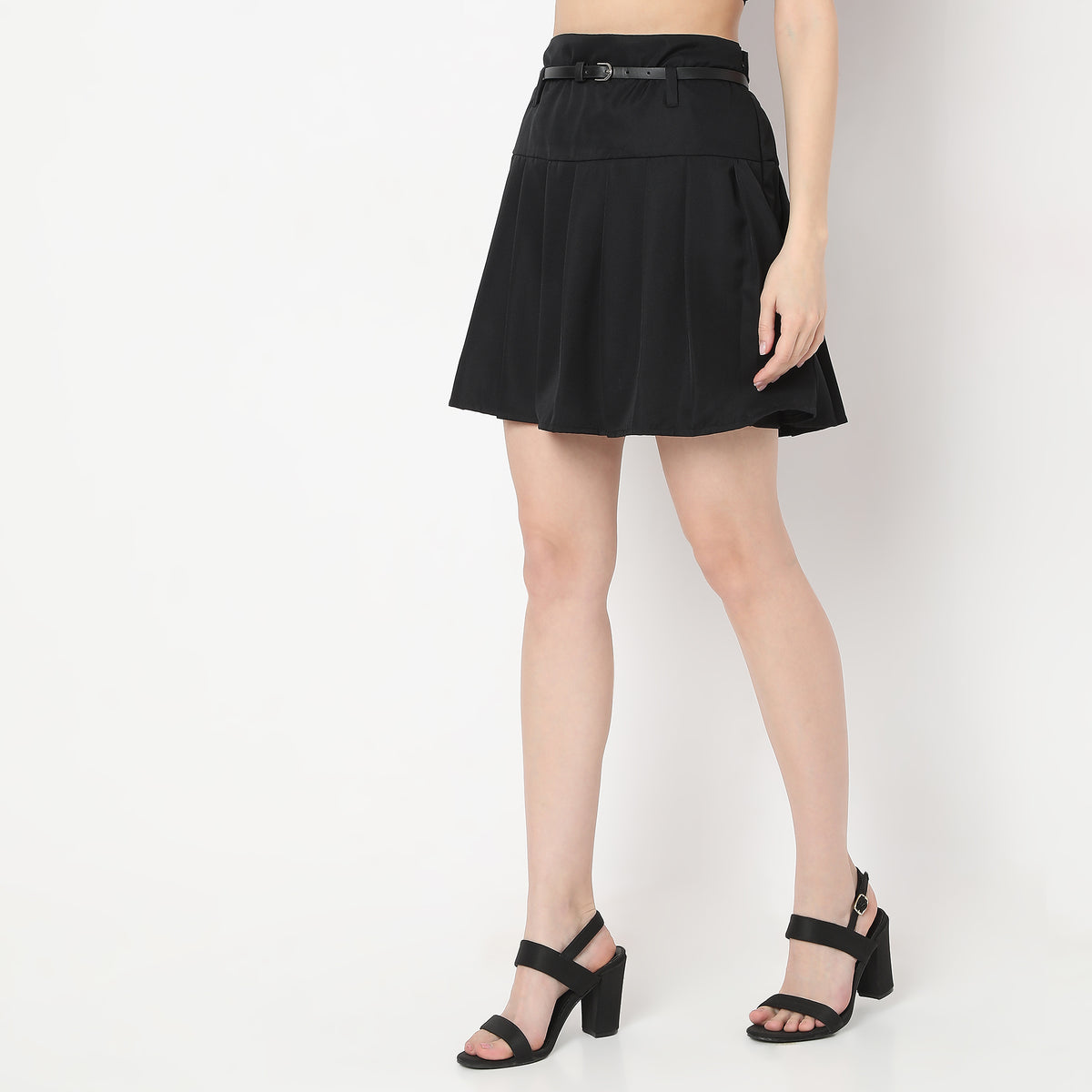 Flare Fit Pleats with Belts Above Knee High Rise Mini Skirt