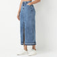 Denim Blue Skirt Streetwear Front Slit High Waist Long Skirts with Open Hem