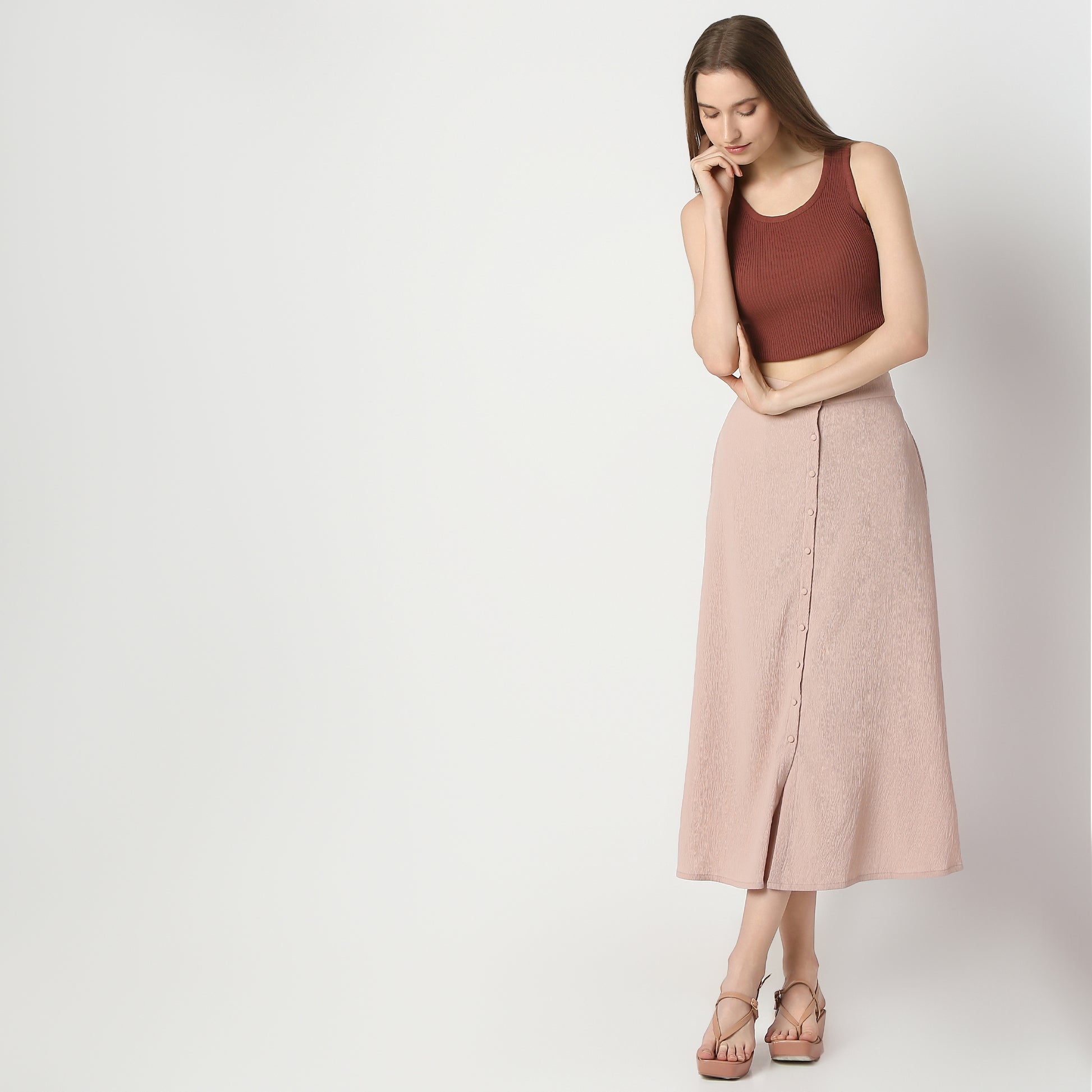 Flare Fit Solid High Rise Skirt