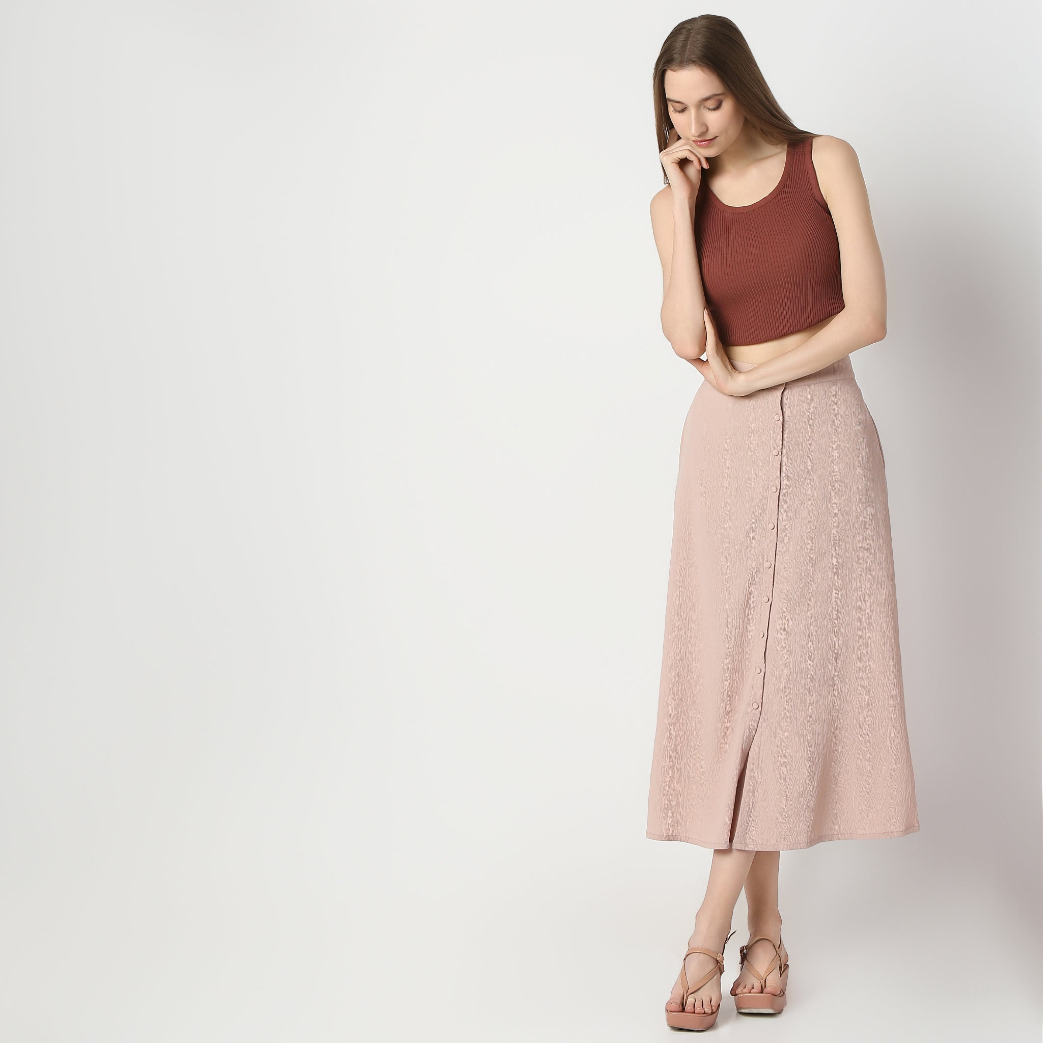 Flare Fit Solid High Rise Skirt