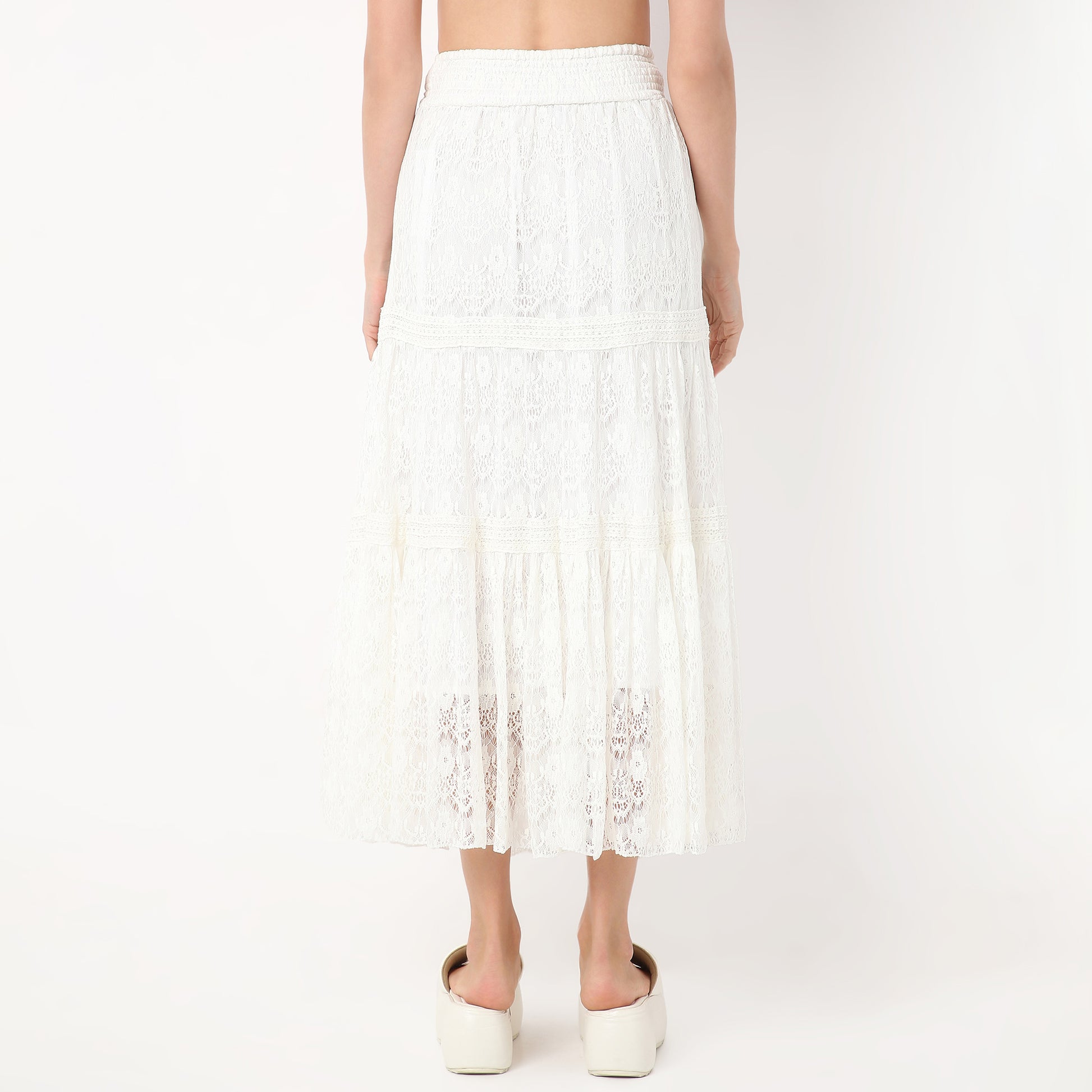 Flare Fit Calf Length High Rise Tiered Long Skirt Made with Comfortable Fabric