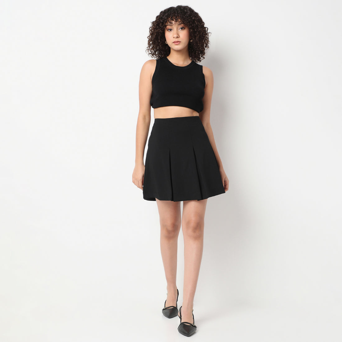 Above Knee High Rise Pleated Flared Skirt