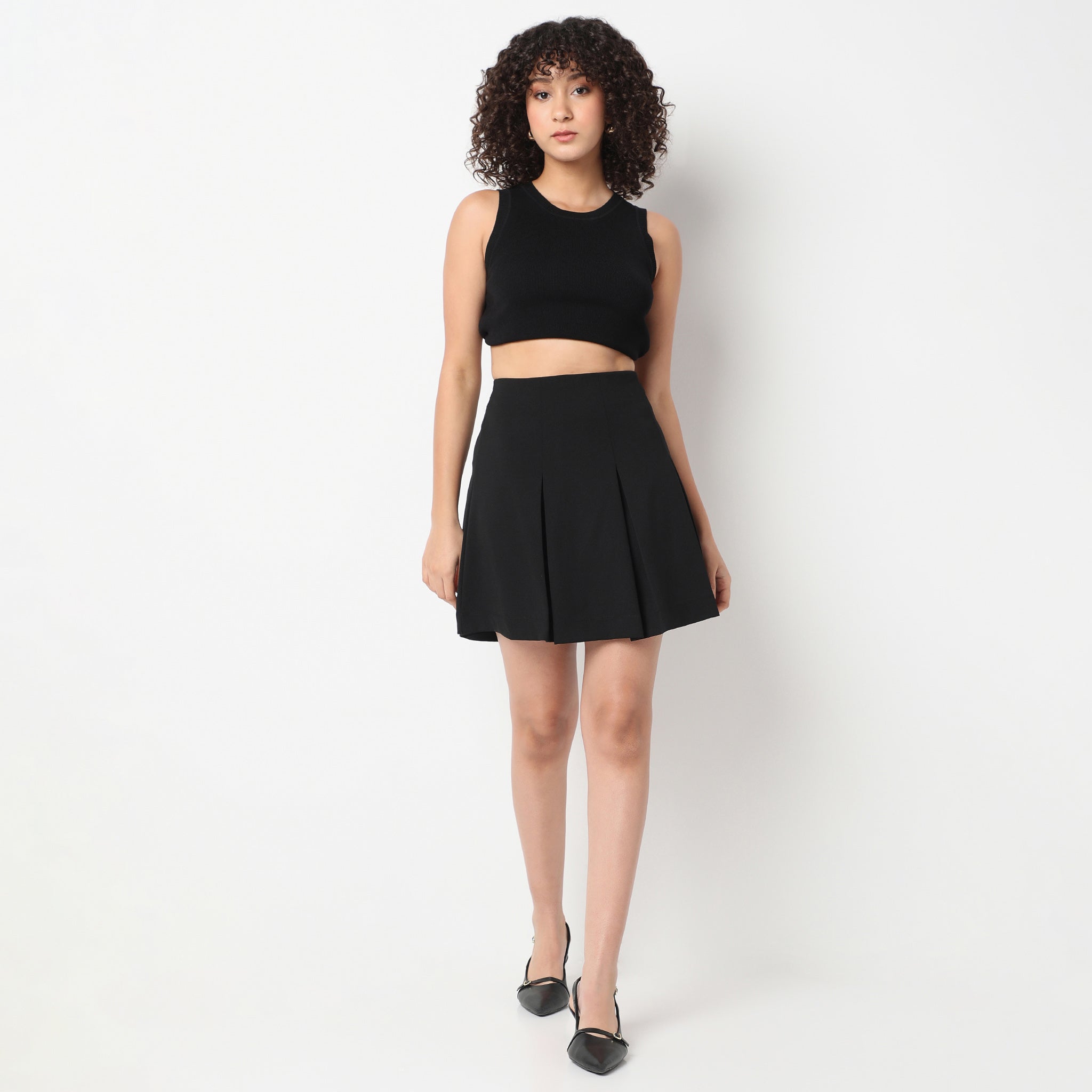 Above Knee High Rise Pleated Flared Skirt