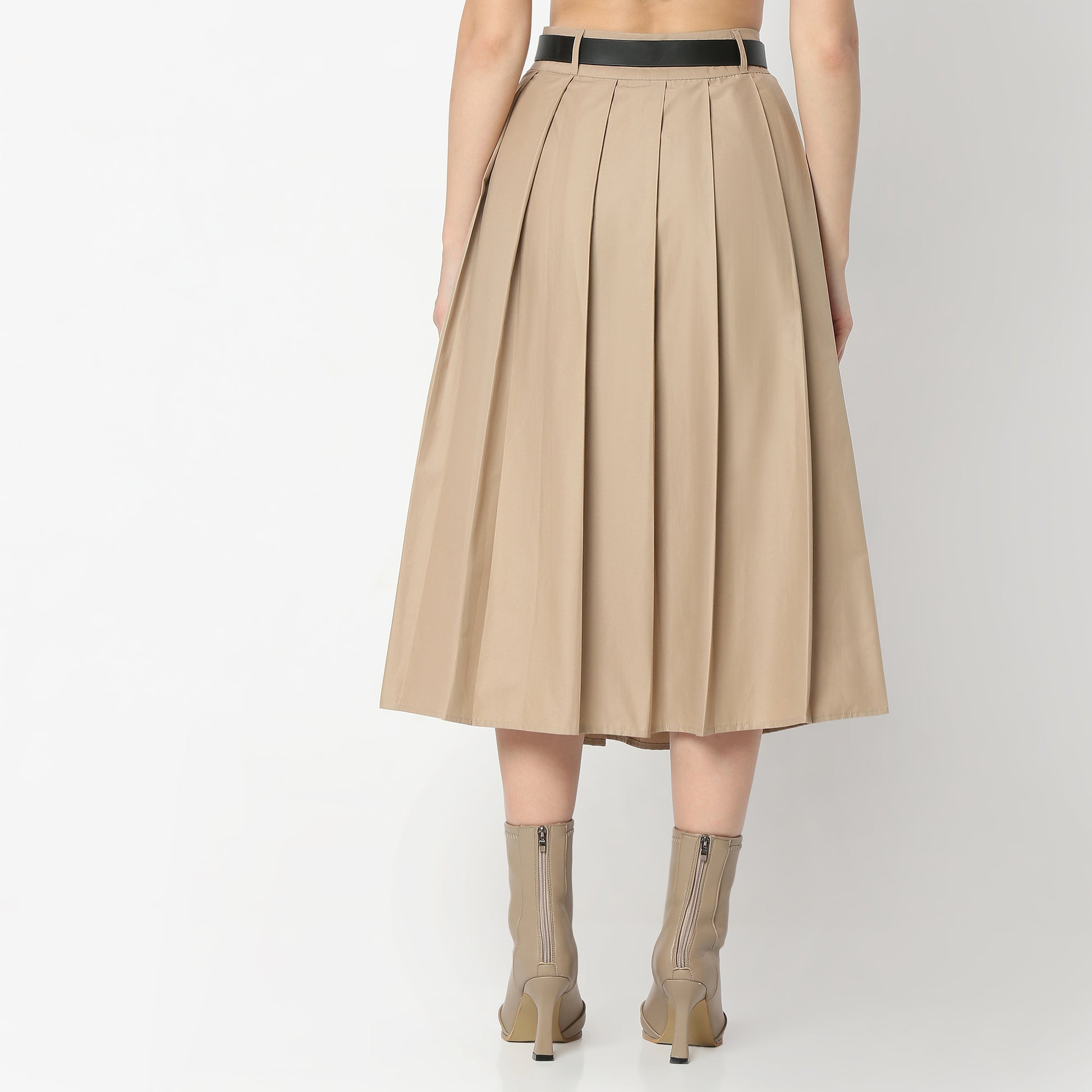 Flare Fit Pleats Calf Length High Rise Skirt