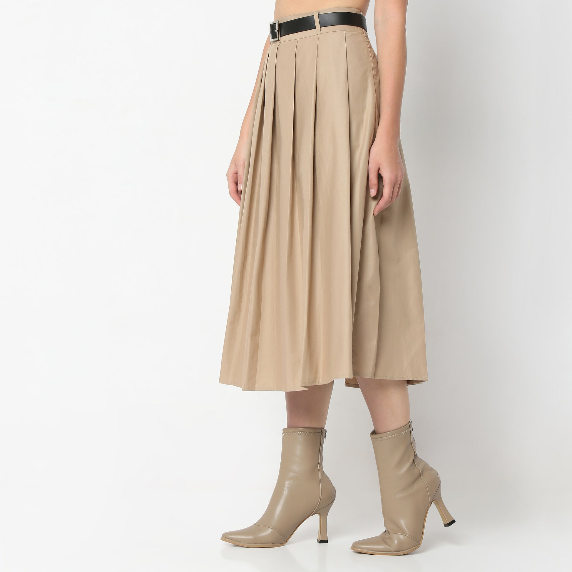 Flare Fit Pleats Calf Length High Rise Skirt