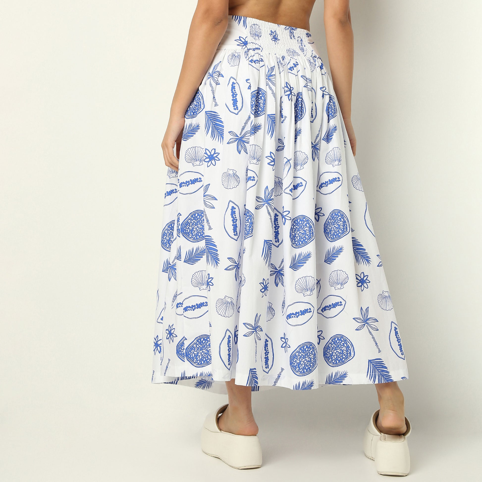Flare Fit Tropical Print Ankle Length High Rise Skirt