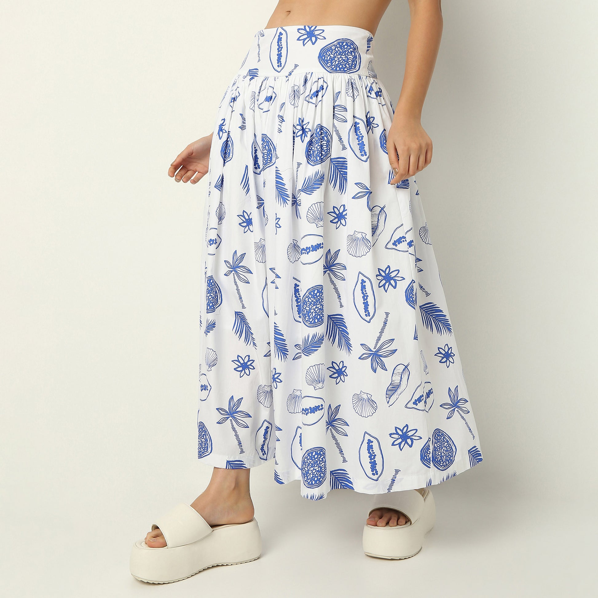 Flare Fit Tropical Print Ankle Length High Rise Skirt