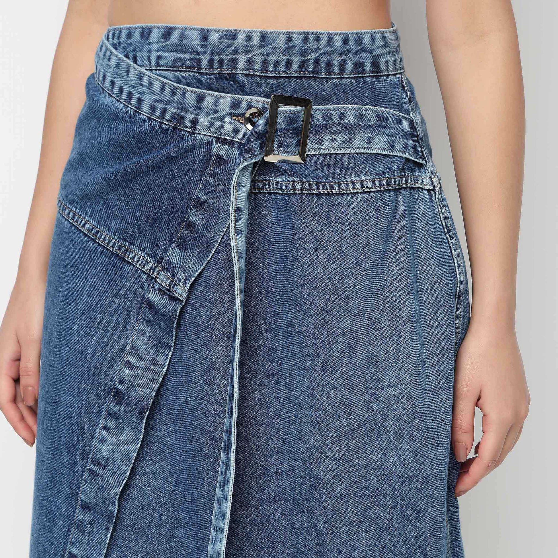 Long Wrap Denim Midi Skirt
