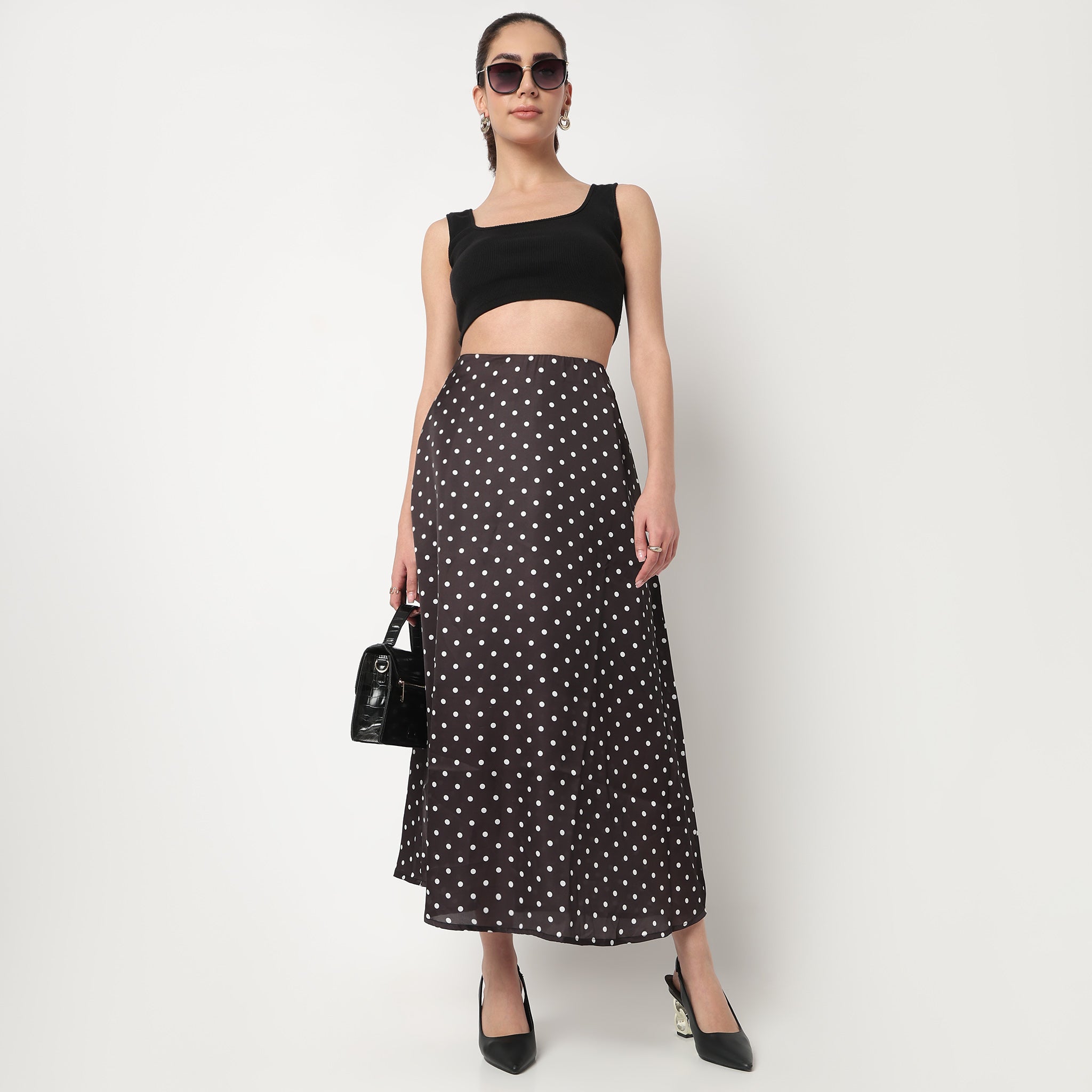 High Rise Midi Skirt With Polka Dot Print