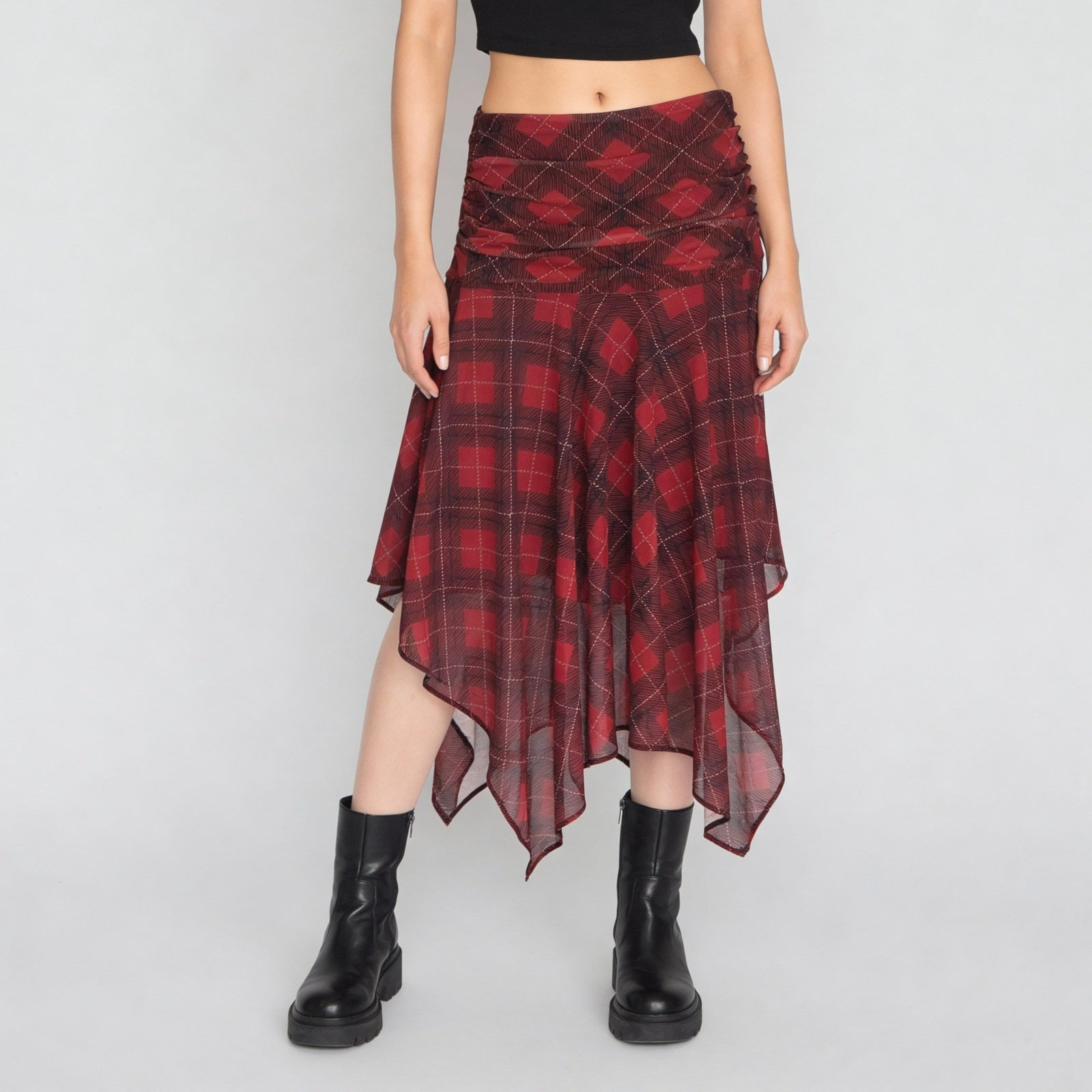 Checkered Ruched Skirt With Handkerchief Hem