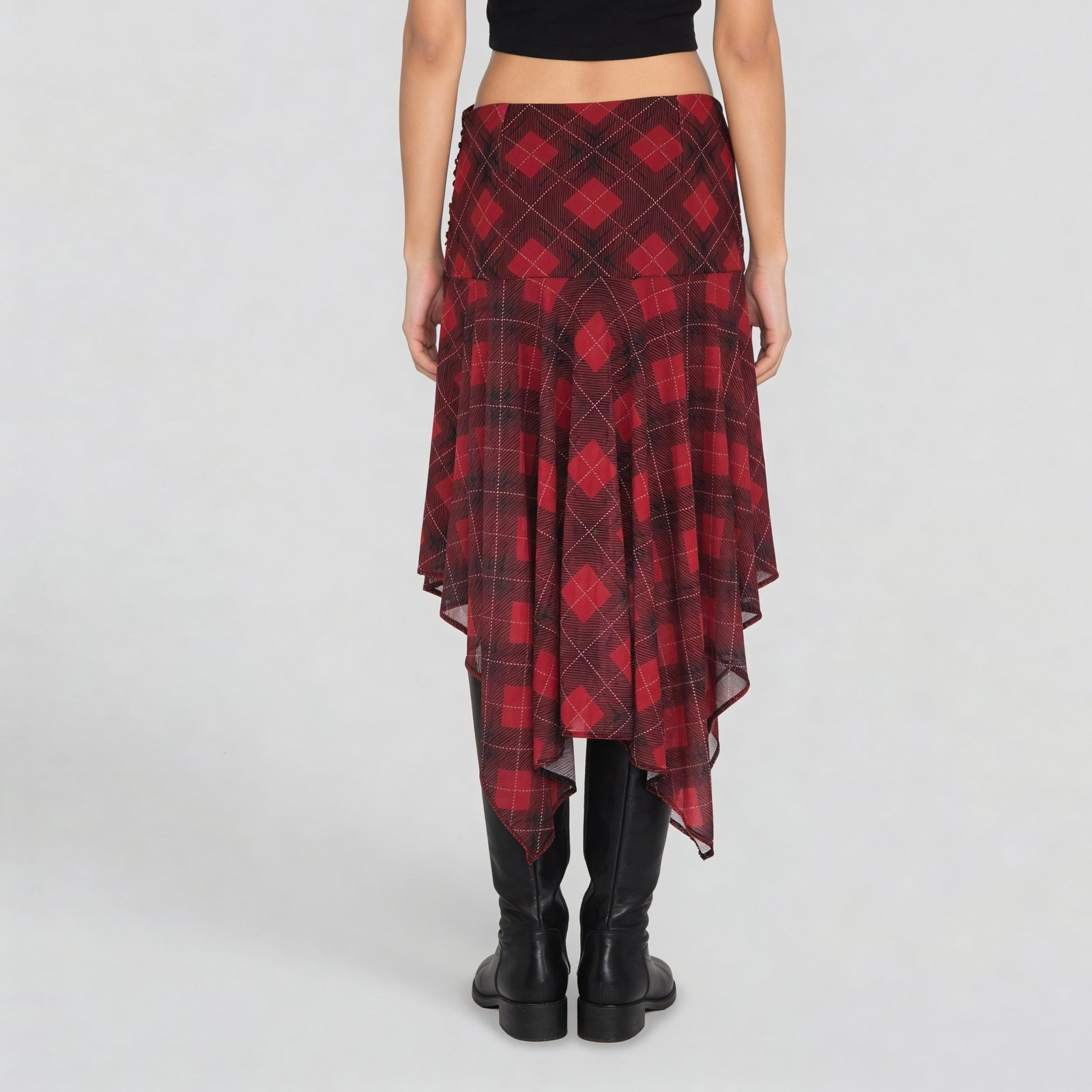 Checkered Ruched Skirt With Handkerchief Hem