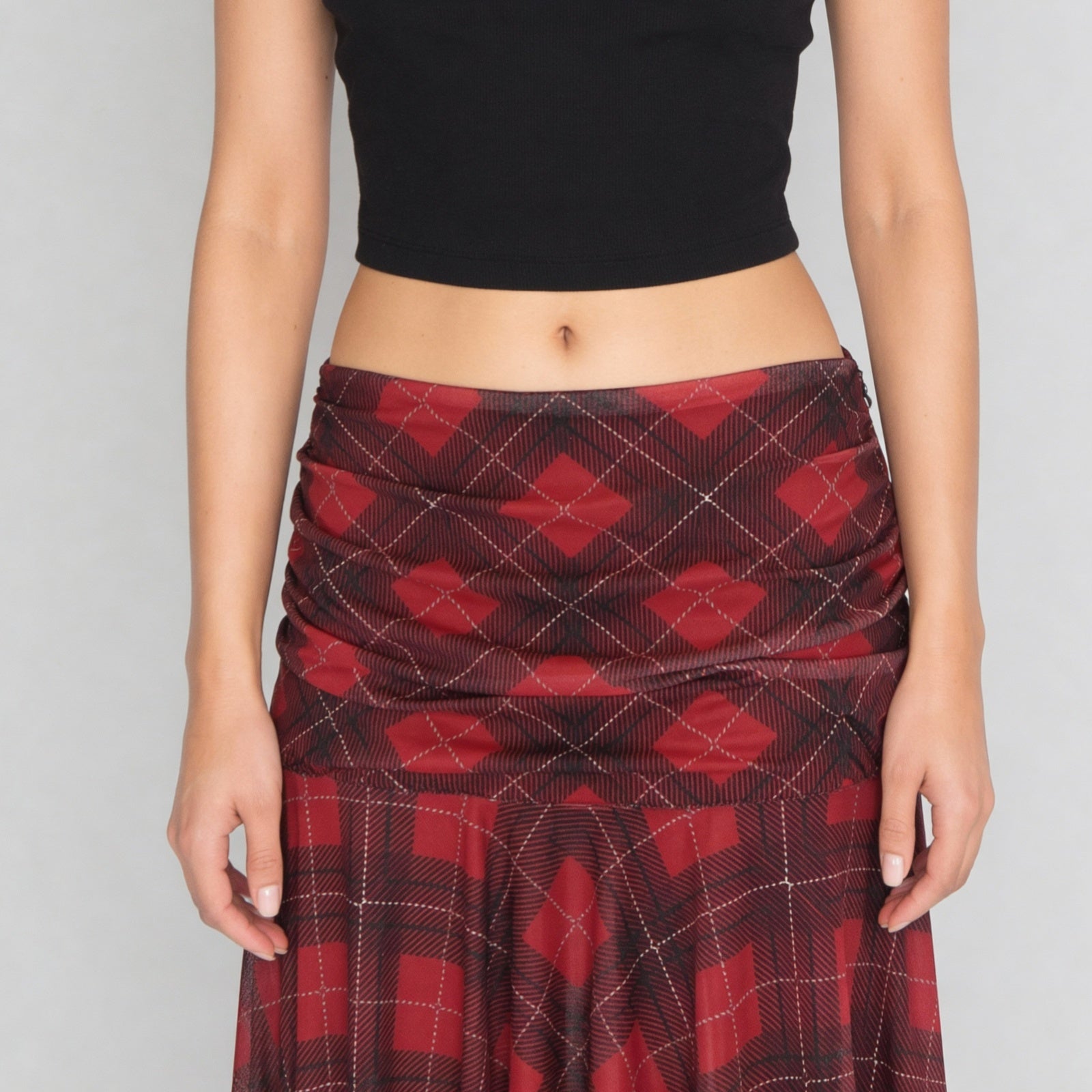 Checkered Ruched Skirt With Handkerchief Hem