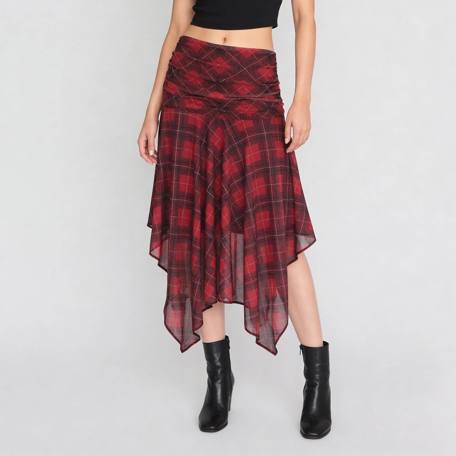 Checkered Ruched Skirt With Handkerchief Hem
