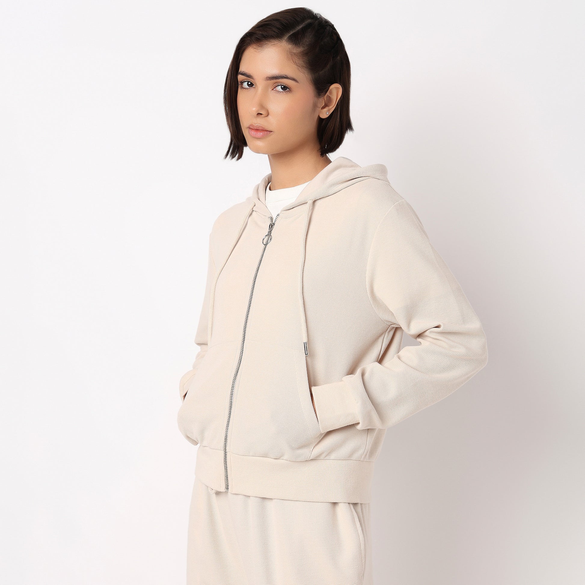 Solid Sweatshirt With Front Zipper Opening