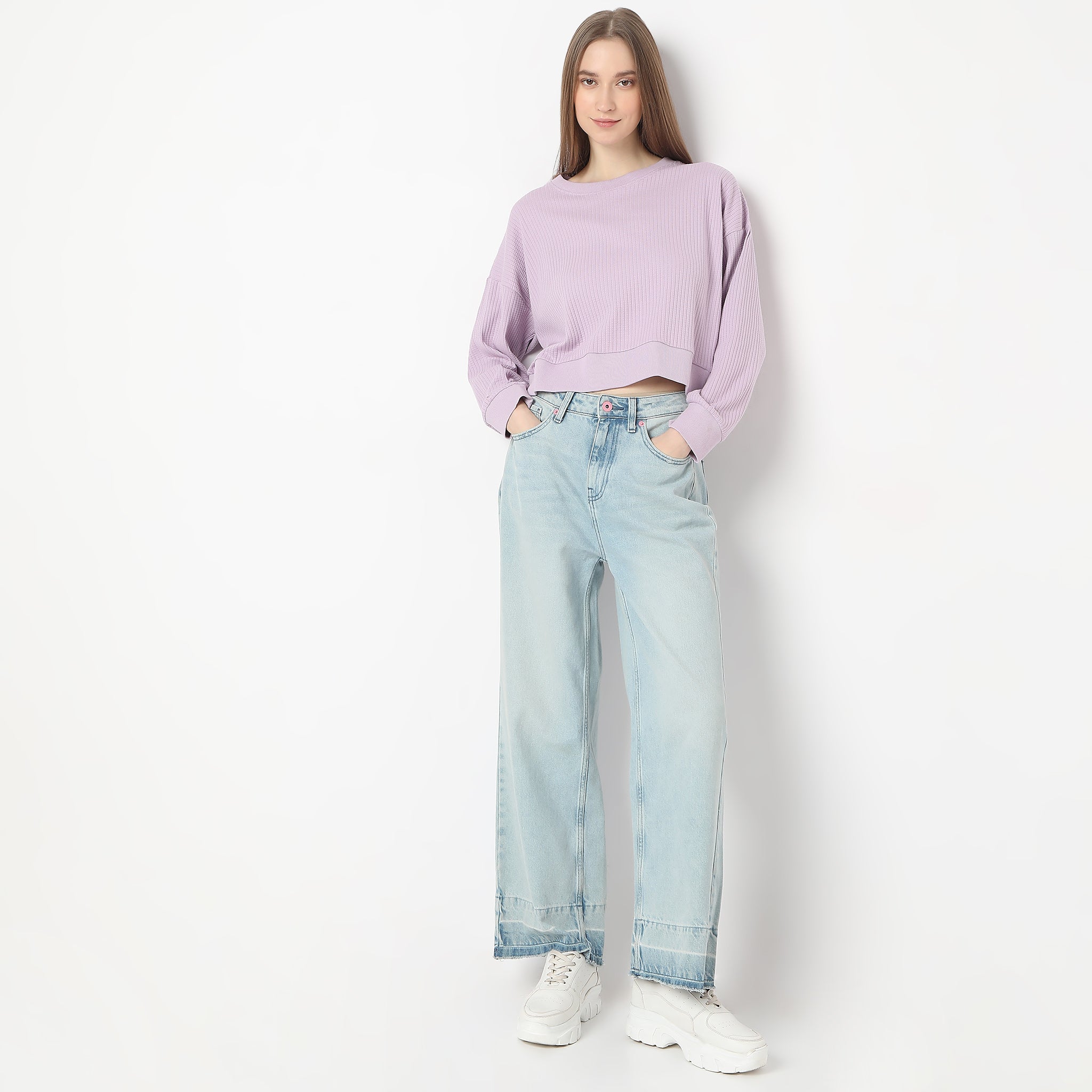 Cropped Solid Round Neck Sweat Tee