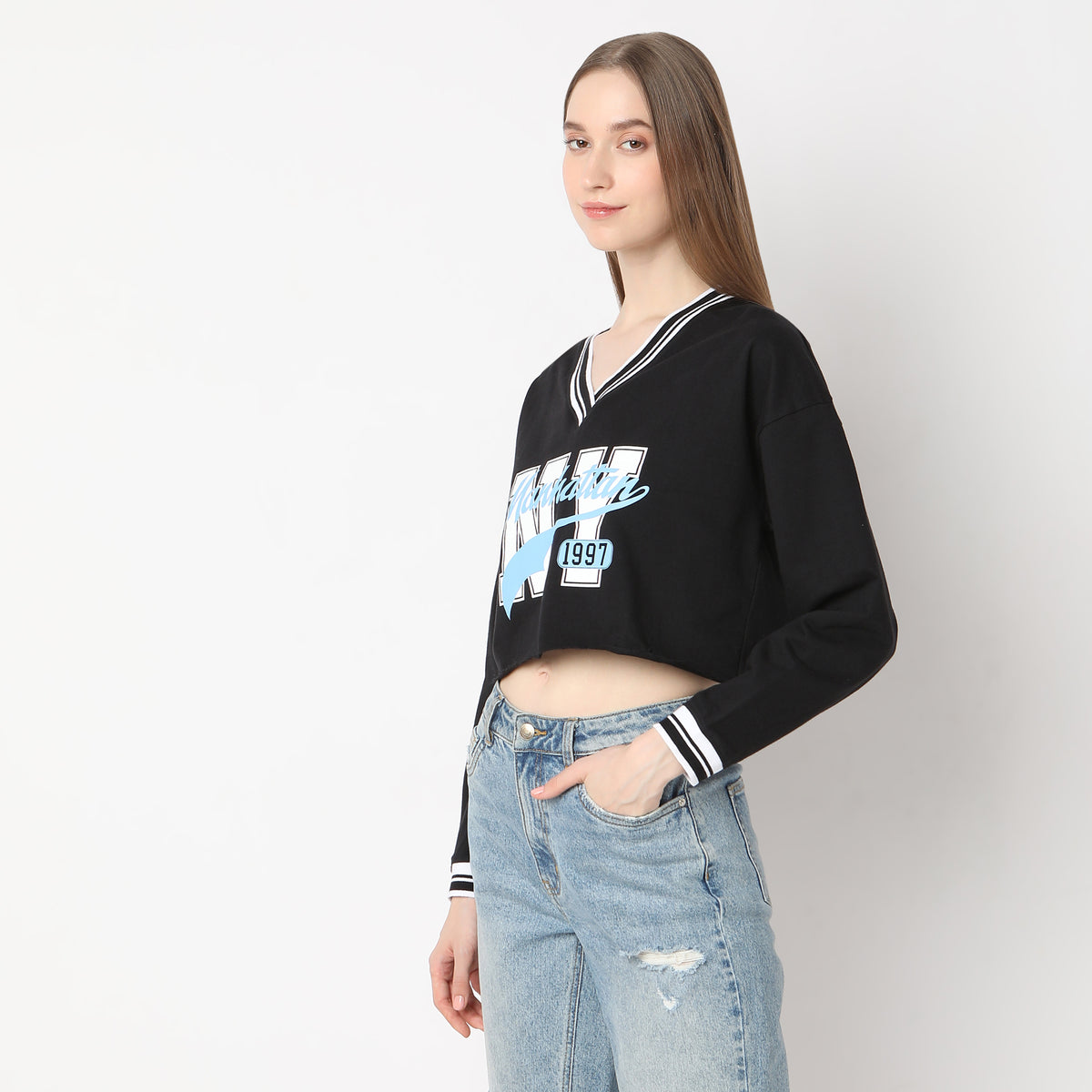 Boxy Fit Printed V-Neck Sweat Tees