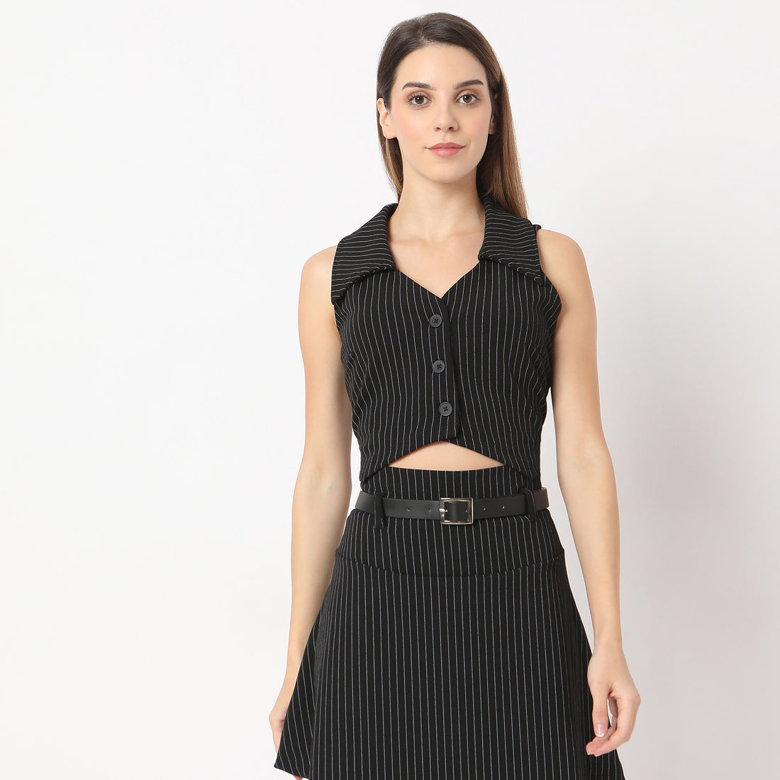 Striped V Neck Lapel Collar Betty Vest Sleeveless with Button Opening Top