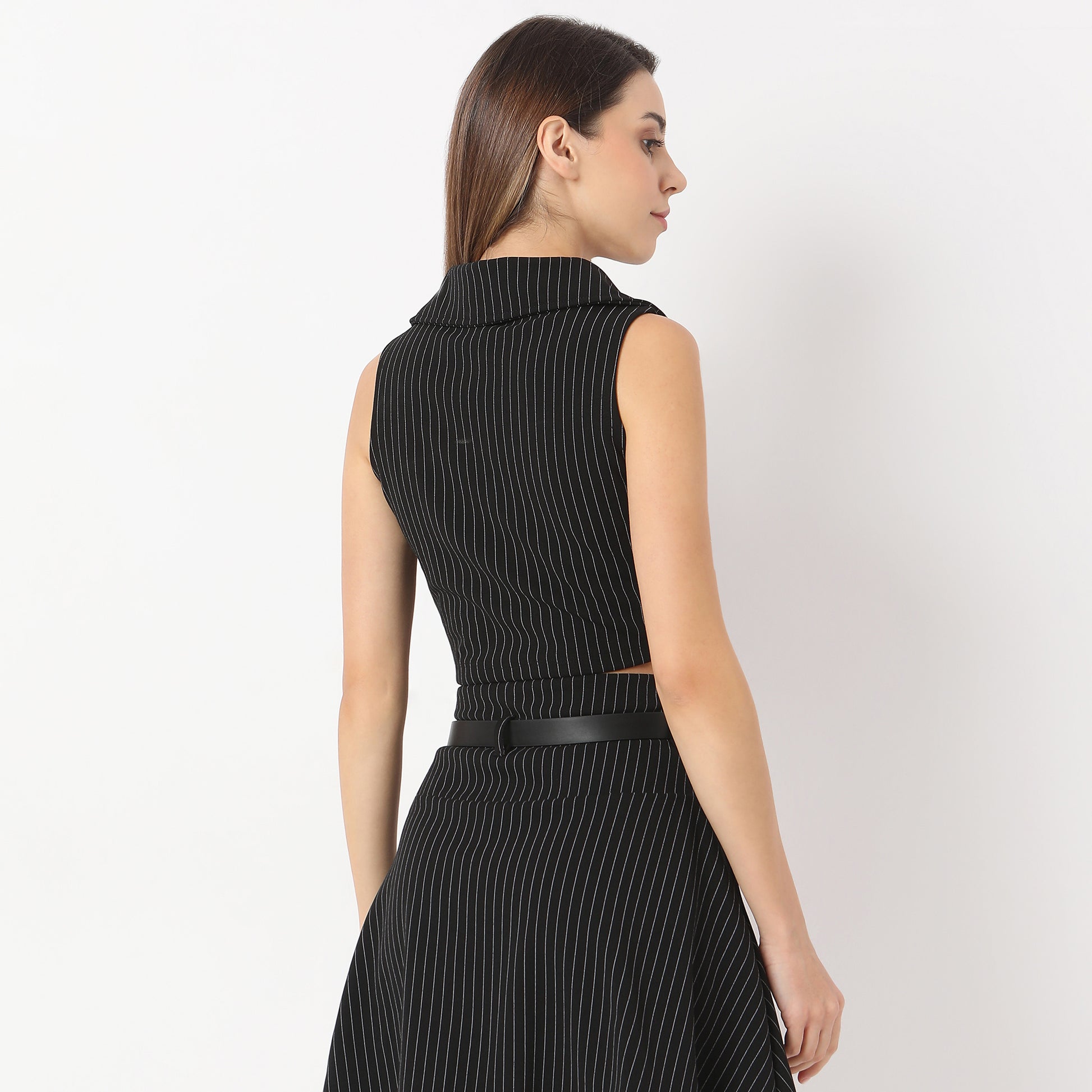 Striped V Neck Lapel Collar Betty Vest Sleeveless with Button Opening Top